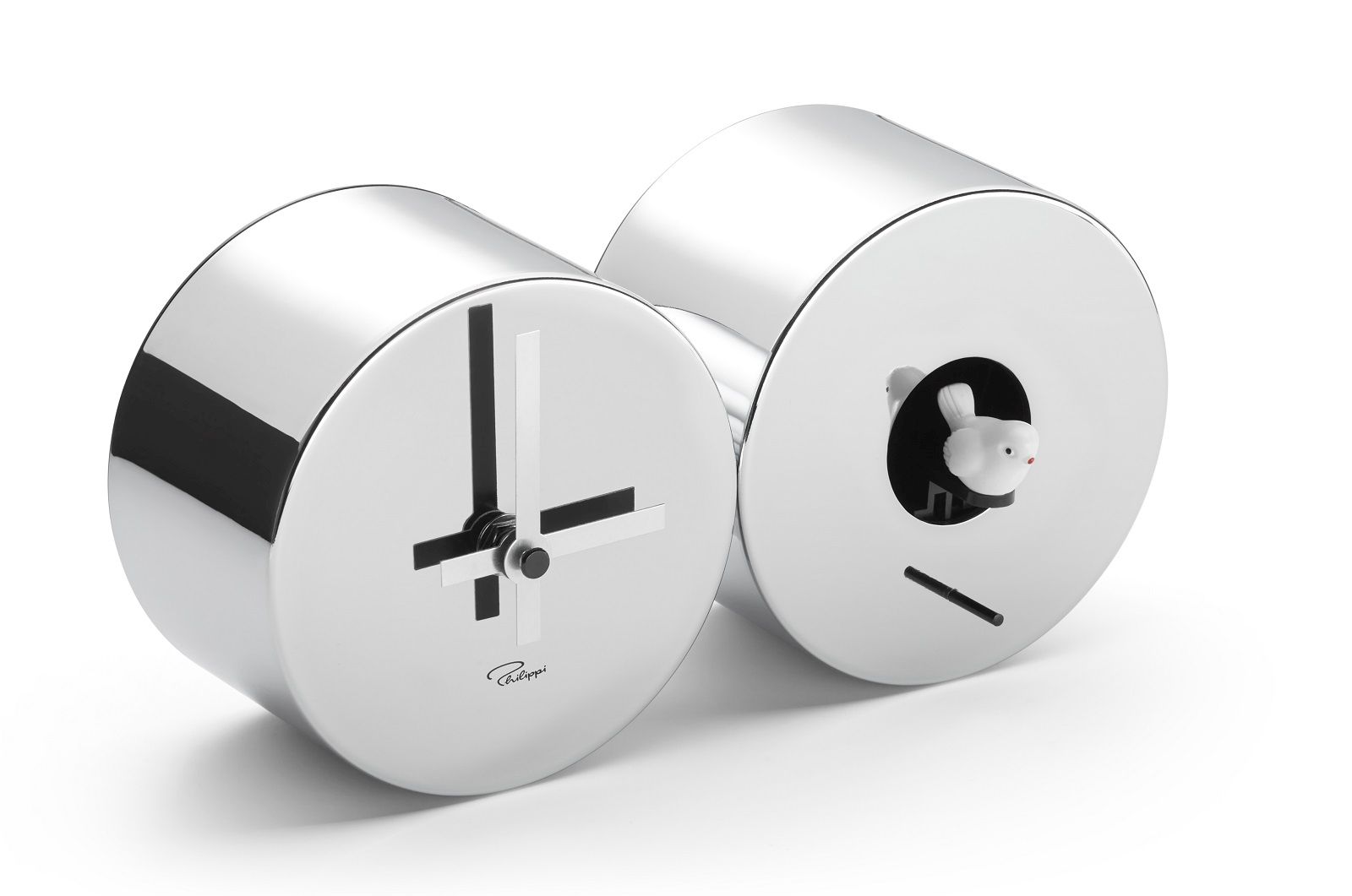 CUCULO Kuckucksuhr von Philippi: Moderne, silberne Kuckucksuhr mit minimalistischem Ziffernblatt und kleinem Vogel.