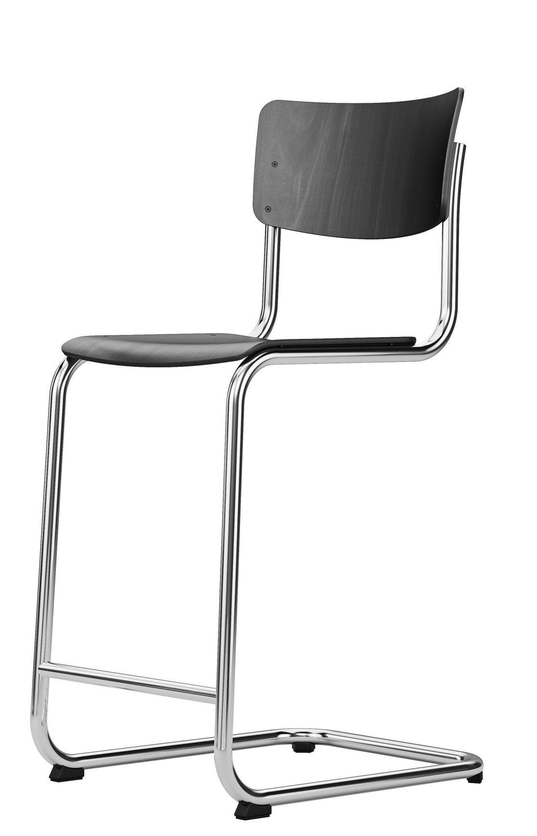 S 43 HT Barhocker von Thonet mit Stahlrohrgestell und grauem Holz Sitz und Rückenlehne.