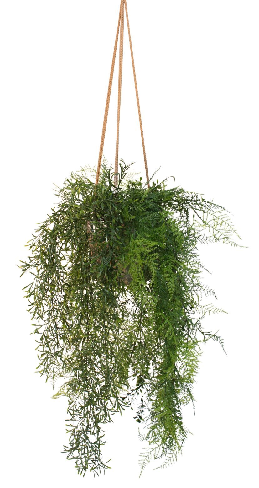 Manaus Macrames Kunstpflanze: Hängepflanze mit üppigem Grün in einem Topf mit Seilaufhängung.