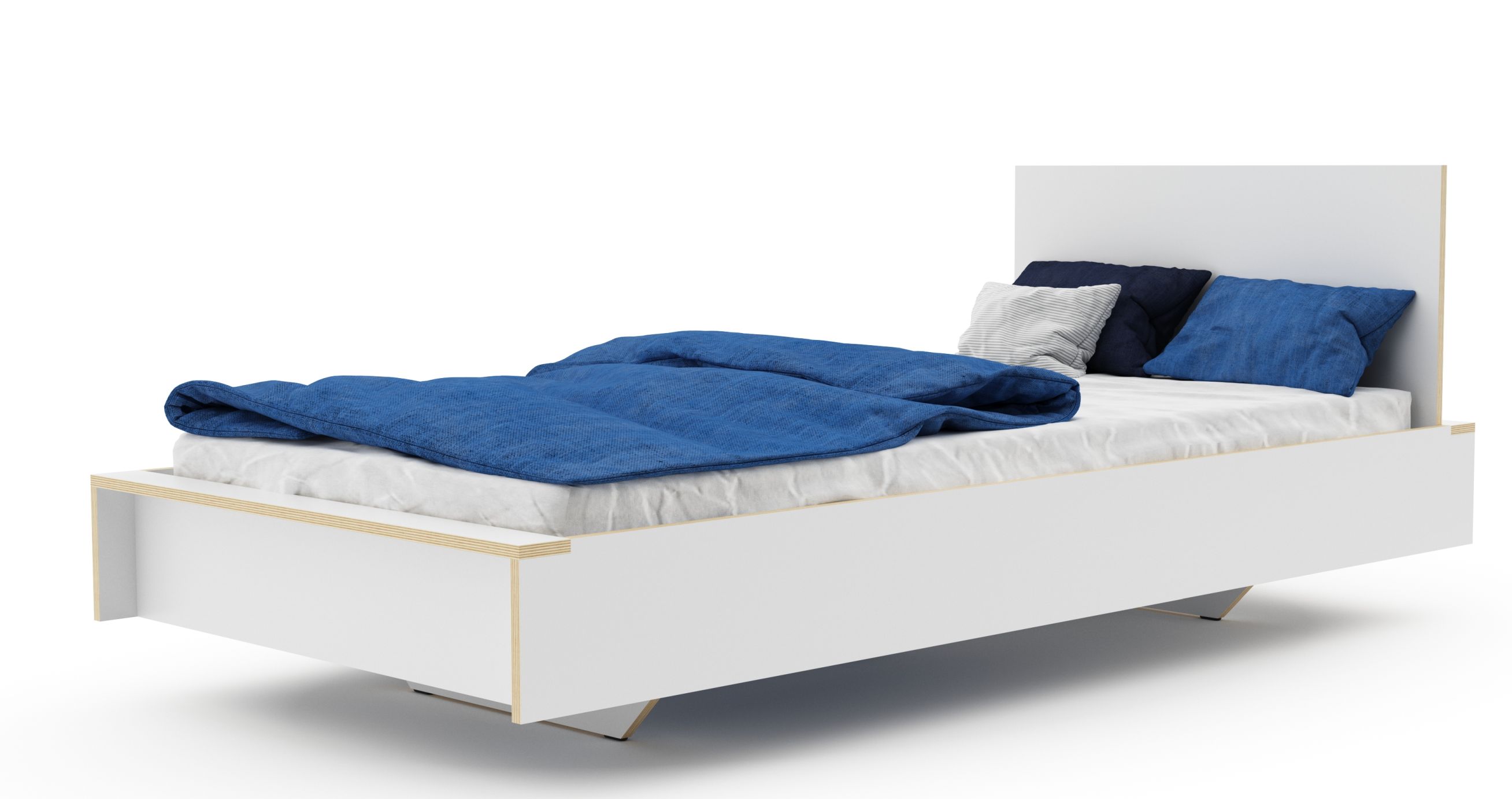Weißes Flai Bett Kopfteil von Müller Möbelwerkstätten (140 cm) mit blauer Bettwäsche und Kissen.