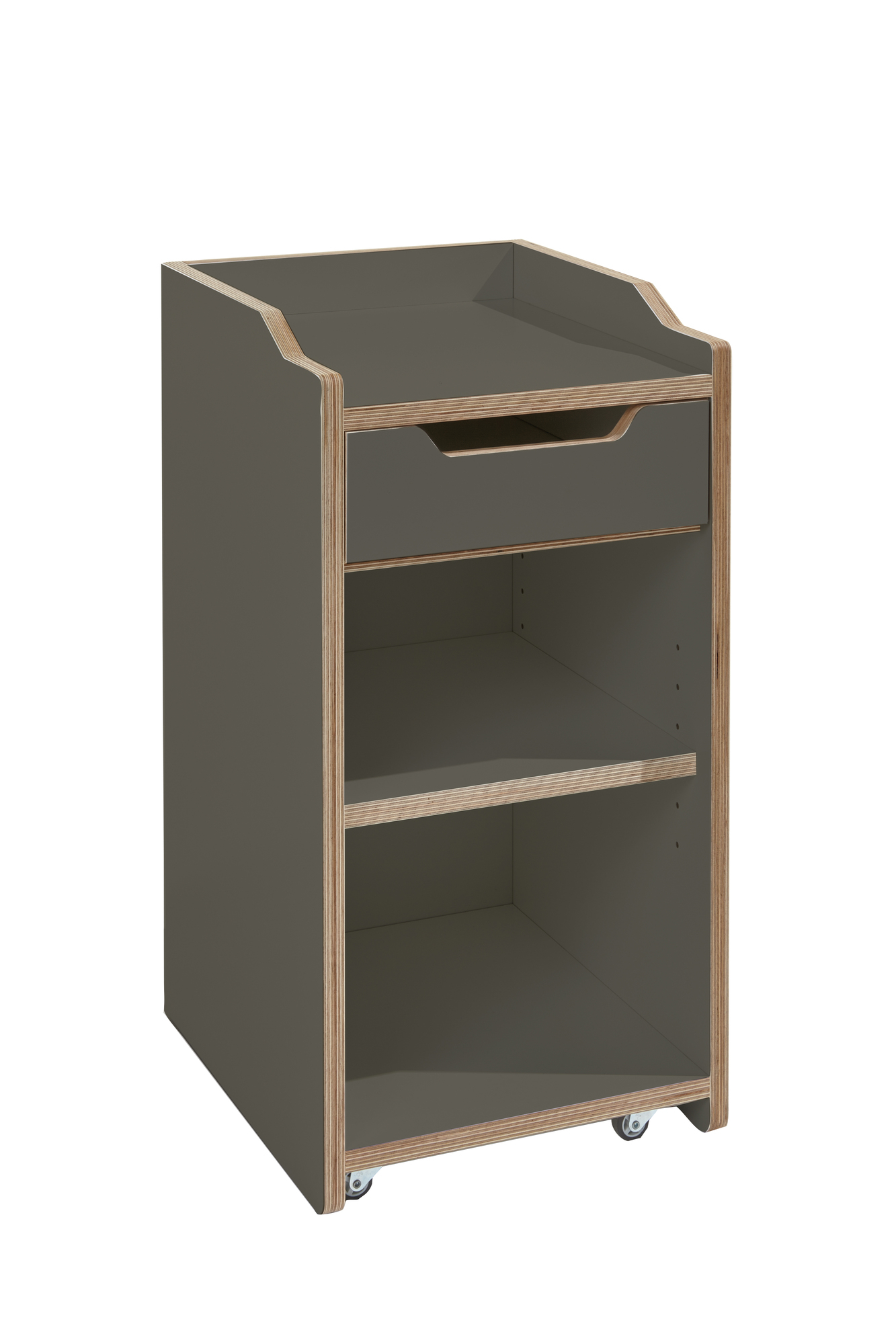 Grauer Rollcontainer von Müller Möbelwerkstätten mit Schublade und zwei offenen Regalfächern.