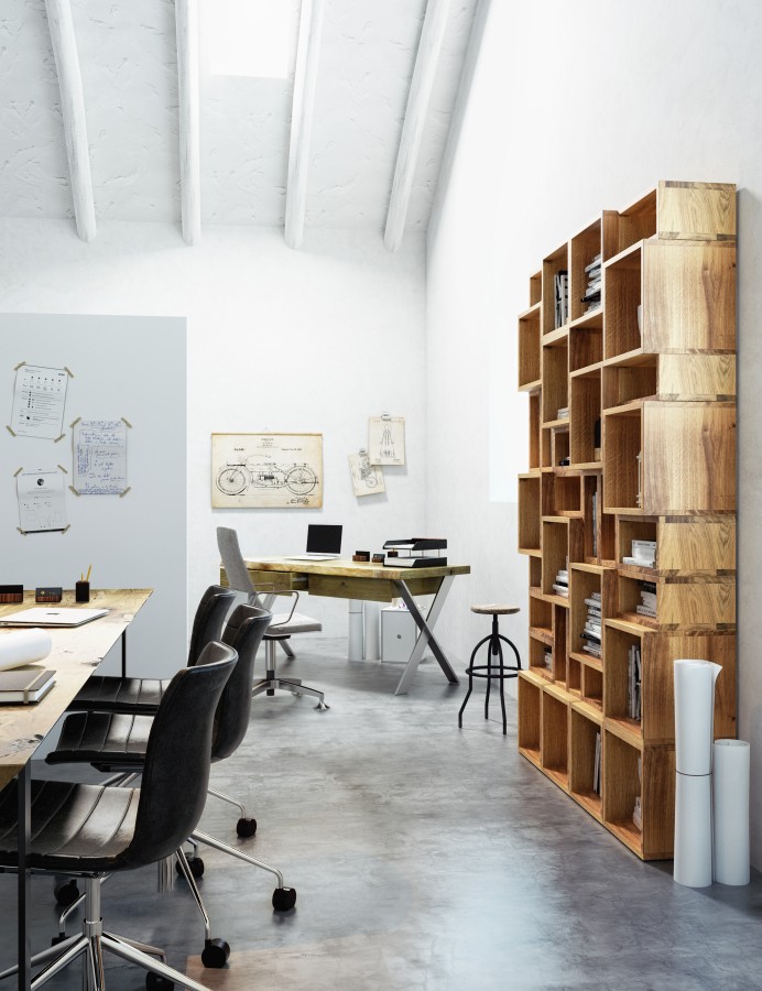 Büro mit Holden Regal Trebord aus Holz, Schreibtischen und Bürostühlen in modernem Design.