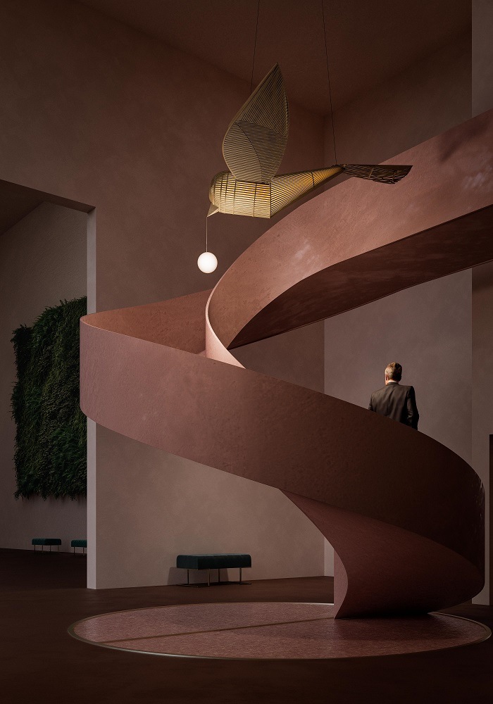 Big Bird Leuchtenskulptur von LZF Lamps: Dimmbare Designer-Hängeleuchte in Vogelform über einer Wendeltreppe.