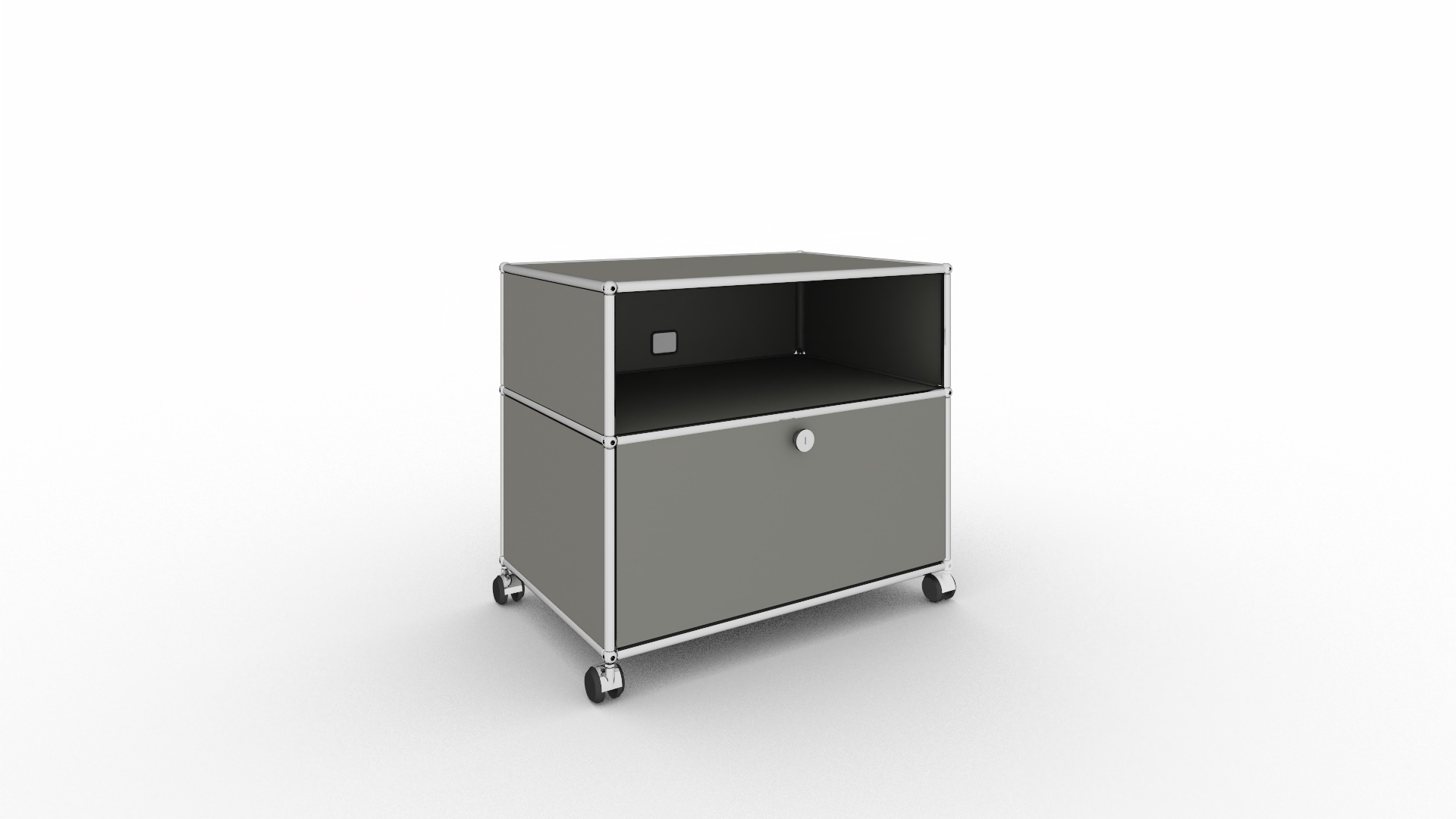 USM Haller TV Möbel in Mittelgrau mit Rollen, bestehend aus offenem Fach und Schublade.