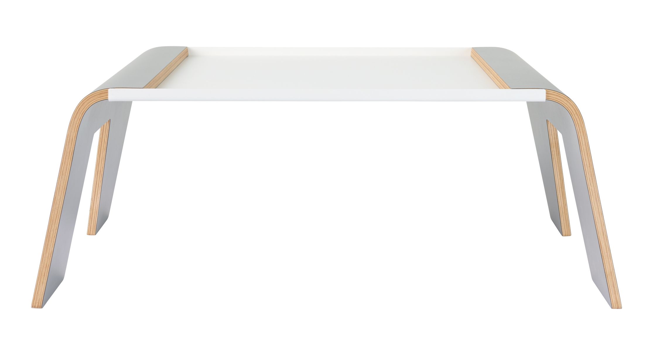 Tojo Notebooktisch: Weißes, modernes Tablett mit grau-holzfarbenem Gestell für Laptop oder Frühstück.