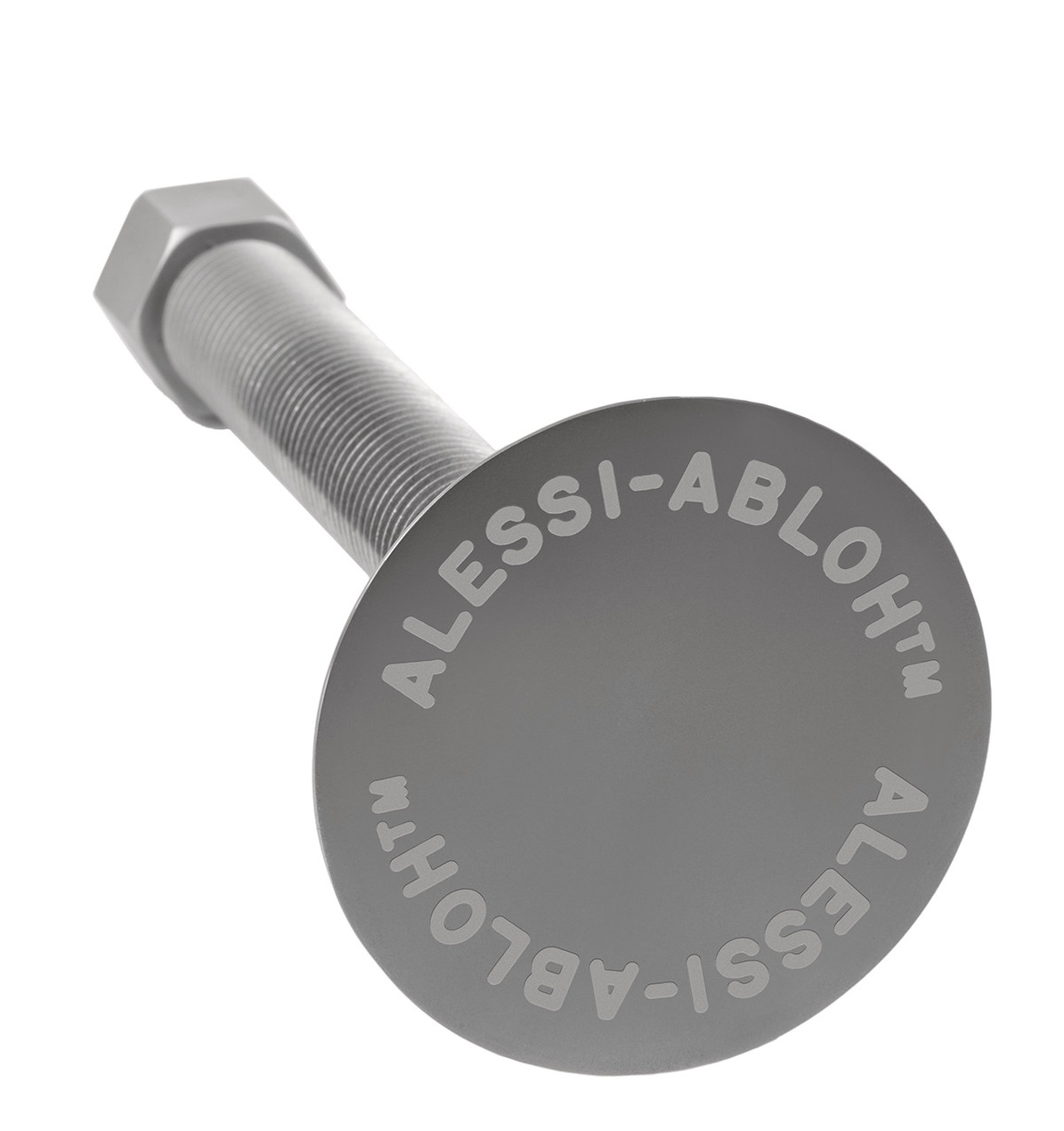 Alessi VA03 Conversational Objects Kerzenständer aus Edelstahl, Nahaufnahme des modernen Designs mit Schraubenkopf.