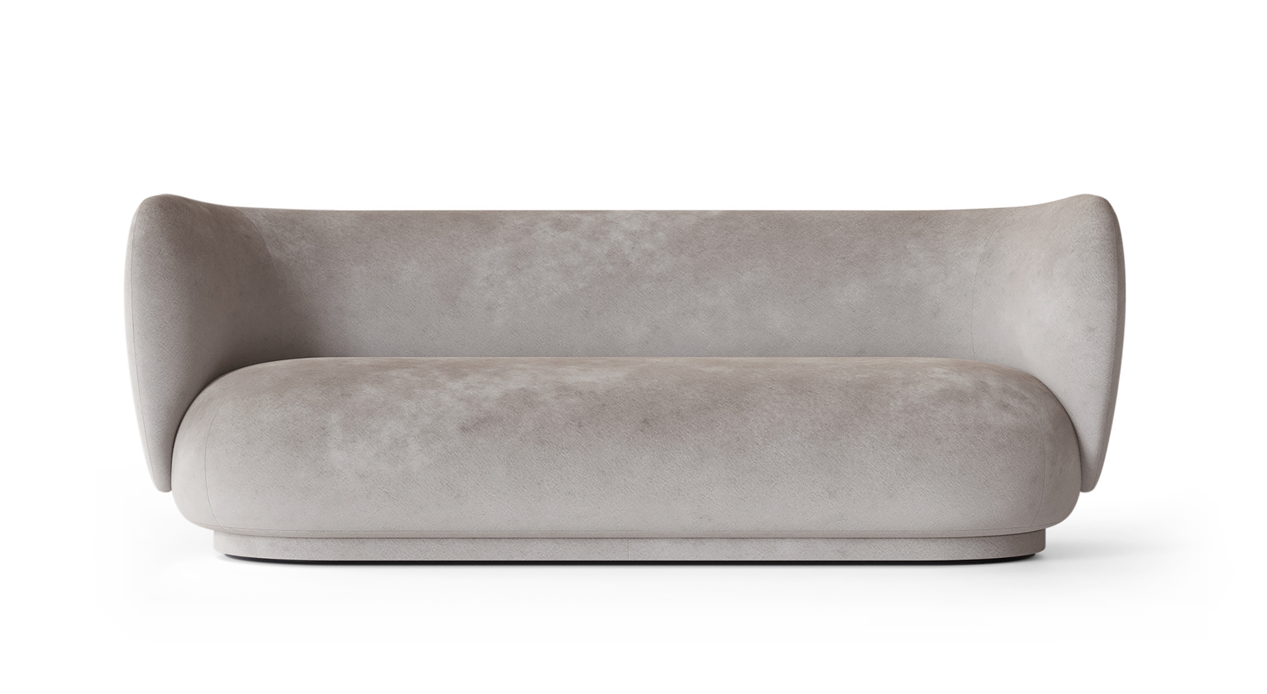 Frontansicht des Rico Sofas von Ferm Living, 3-Sitzer, mit grauem Samtbezug.