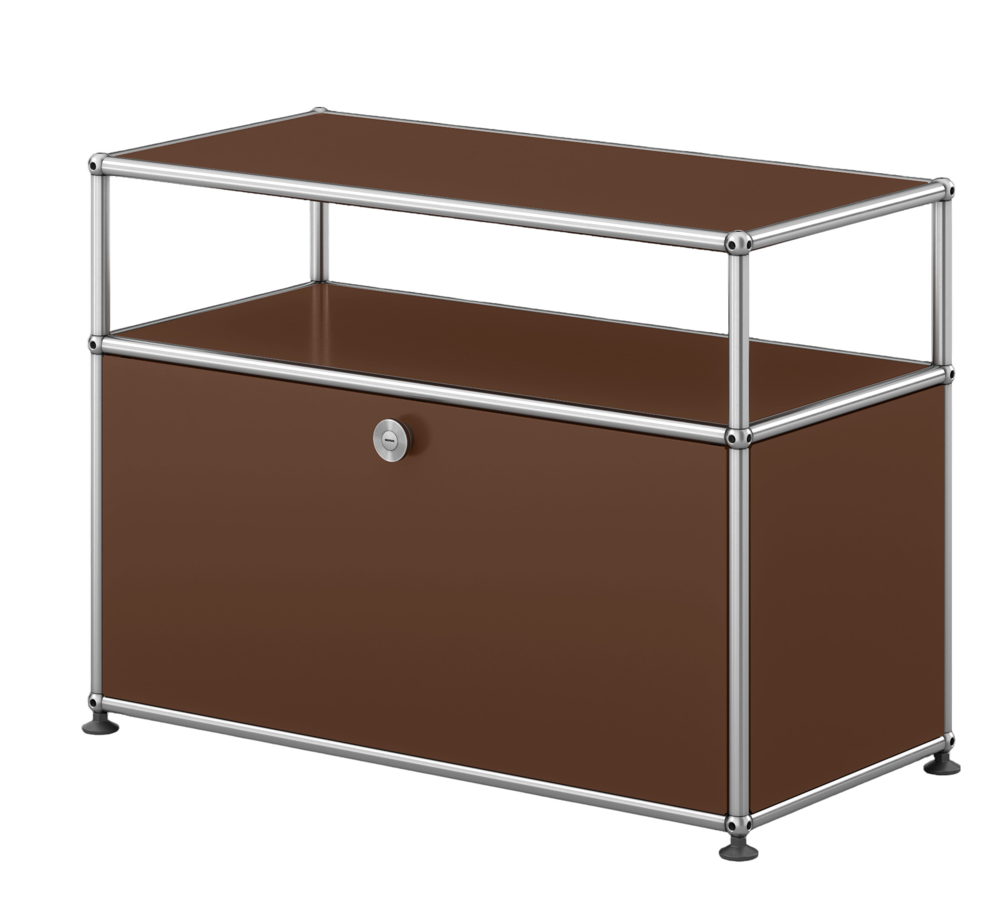 Braunes USM Haller Beistellmöbel mit einer Klappe und verchromtem Gestell, ideal als Nachttisch oder Sideboard.