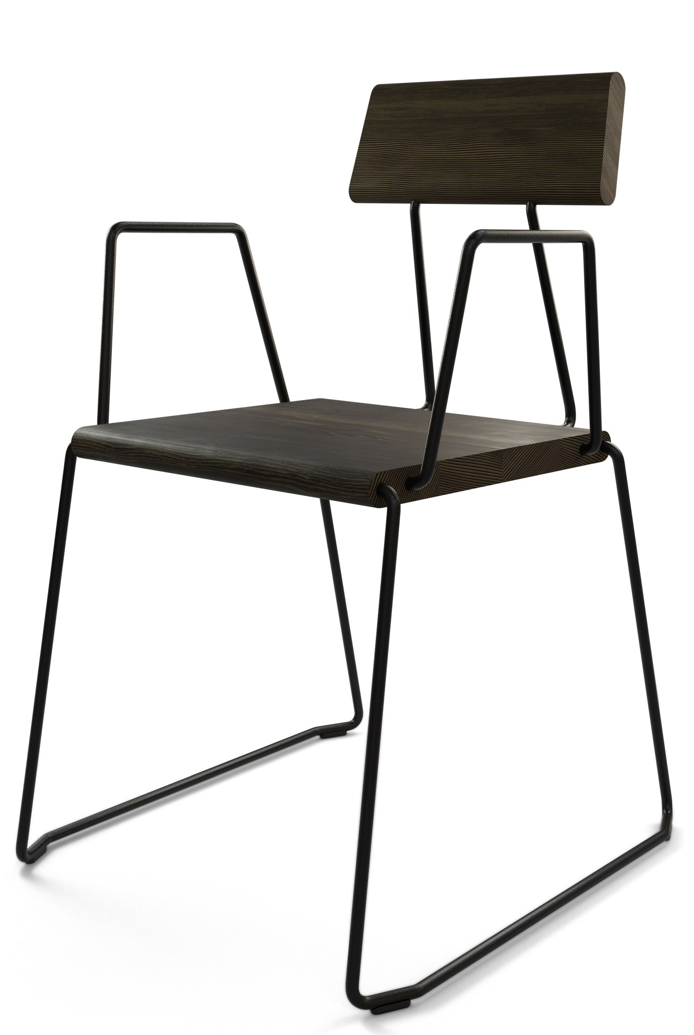 D:006 Stuhl Kohleschwarz von Fuchs & Habicht: Moderner Armlehnstuhl mit schwarzem Metallgestell und Holz-Sitzfläche.