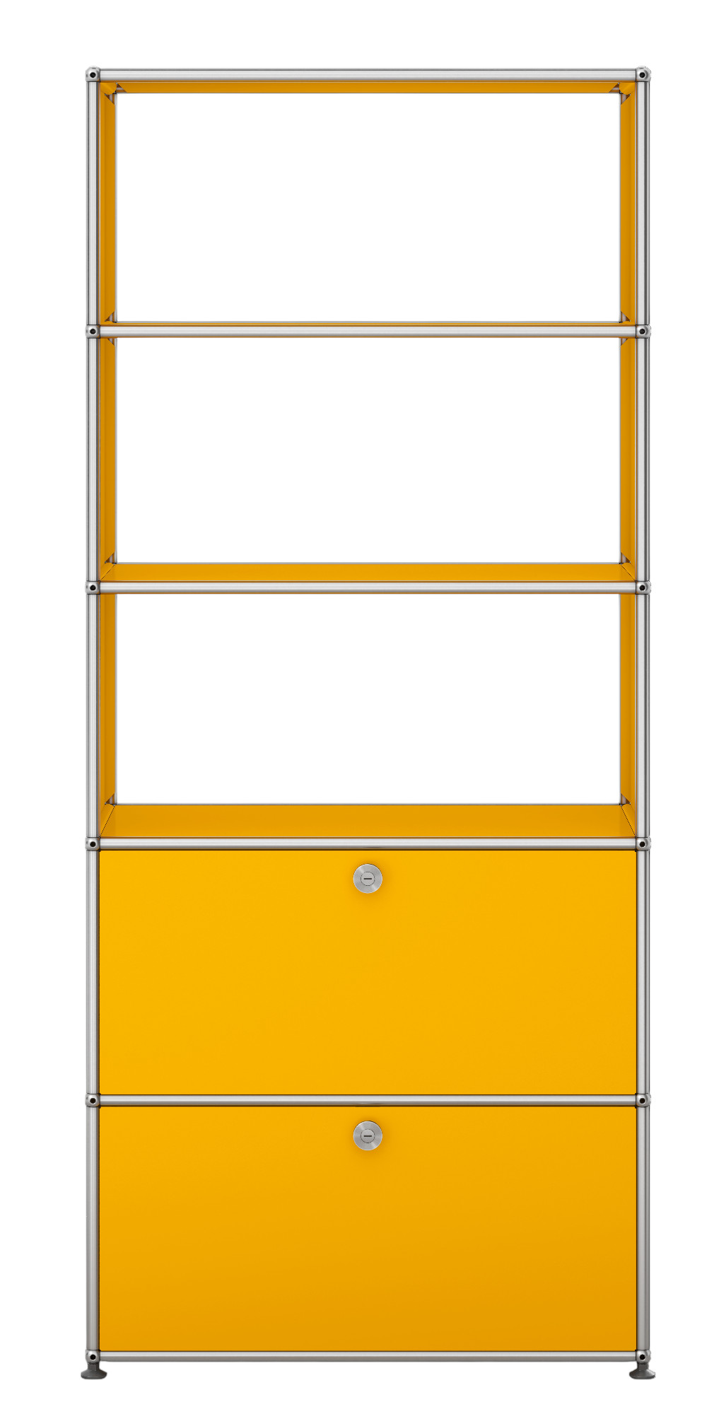 USM Haller Regal in Goldgelb mit zwei Klappen, modulare Möbel für stilvolle Wohnraumgestaltung.