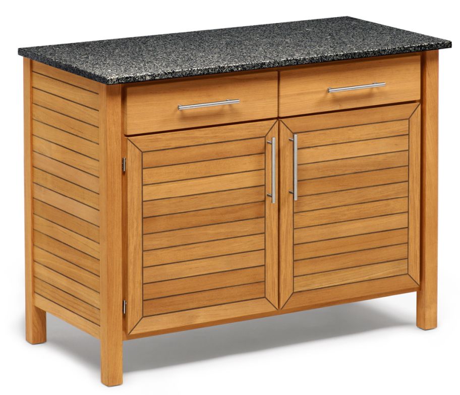 Weishäupl Deck Pflanzboard: Outdoor-Element mit zwei Schubladen und Türen, Holzkorpus und Steinplatte.