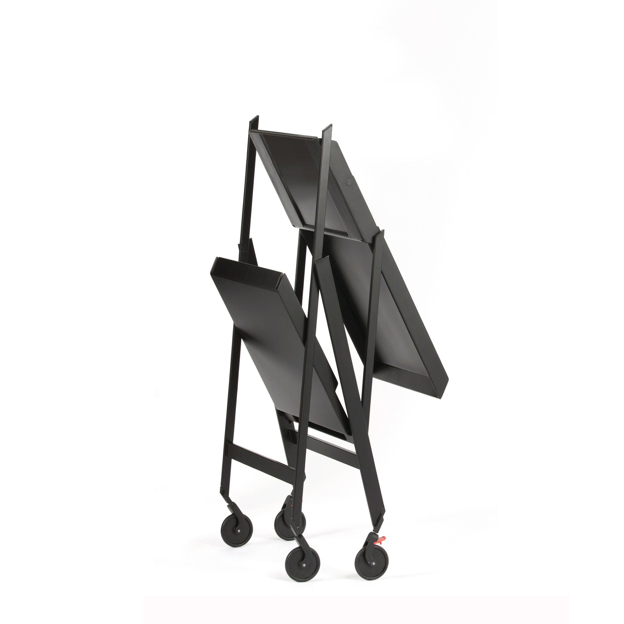 Schwarzer Alessi RS11 Plico Servierwagen, zusammengeklappt, mit Rollen, modernes Design für Küche und Wohnbereich.