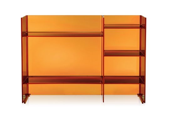 Oranges Kartell Regalsystem Sound-Rack aus transparentem Kunststoff mit mehreren Fächern für Wohnzimmer oder Büro.
