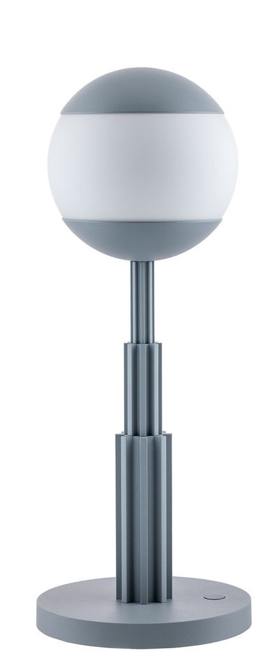 Graue AR04 Akku-Tischleuchte von Alessi: Moderne LED Lampe mit kugelförmigem Lampenschirm für stimmungsvolles Licht.