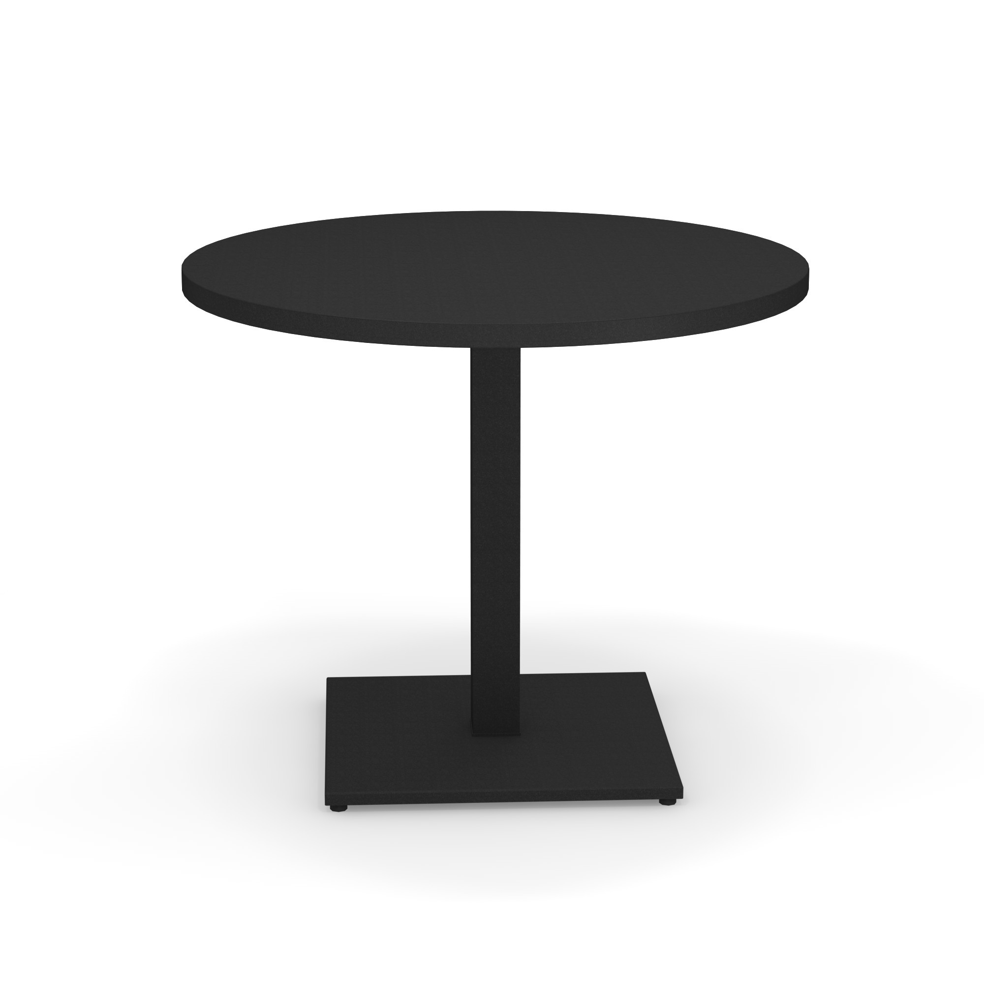 Schwarzer runder Tisch von Emu mit quadratischem Fuß, ideal für Garten, Terrasse und Balkon.
