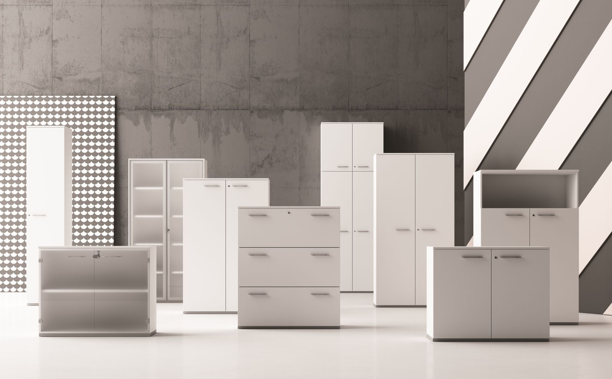 Bild von Frezza Sideboards und Aktenschränken in Weiß, Büromöbel mit Drehtüren und offenen Fächern.