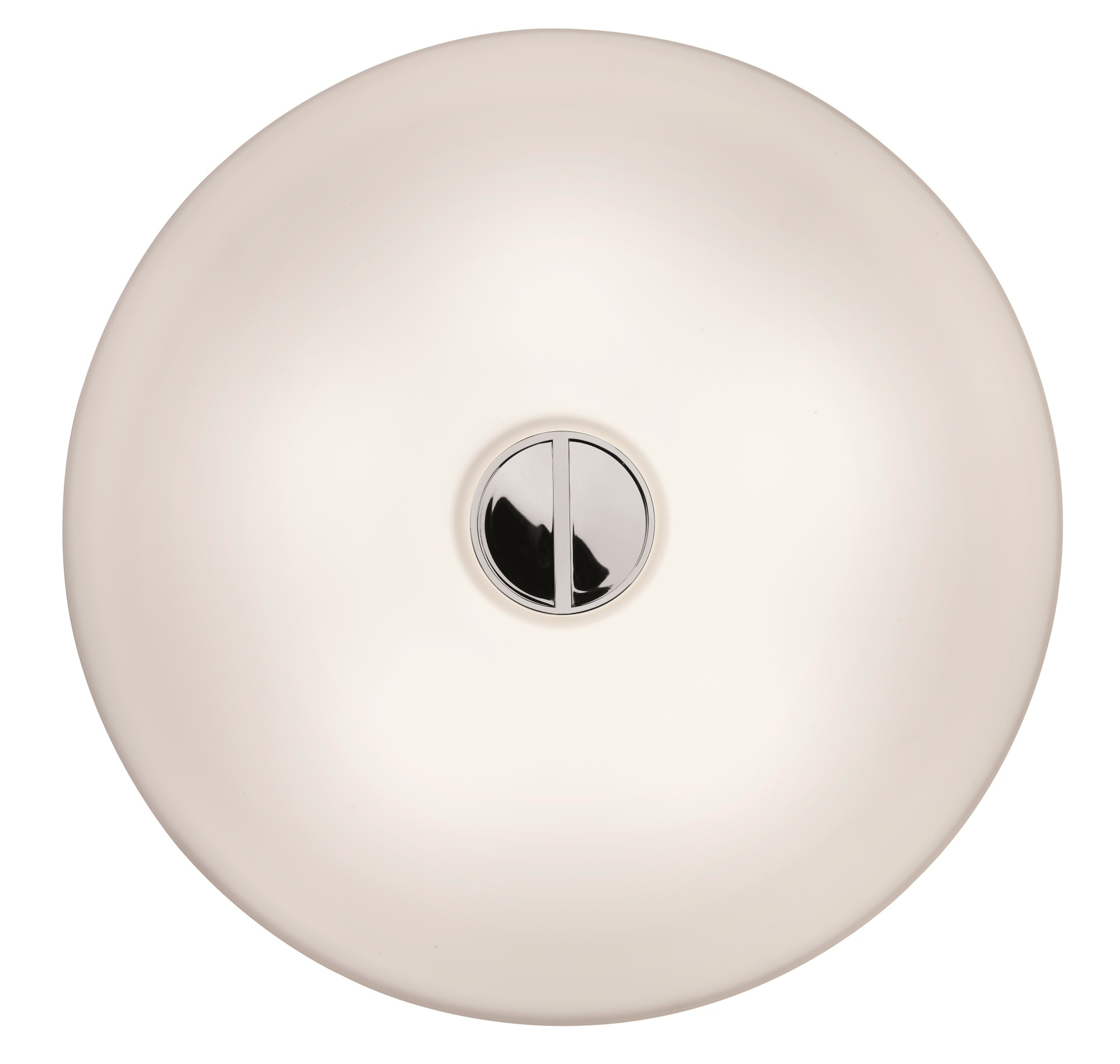 Nahaufnahme der runden, weißen Flos Button Deckenleuchte mit mittigem, silberfarbenem Knopf.