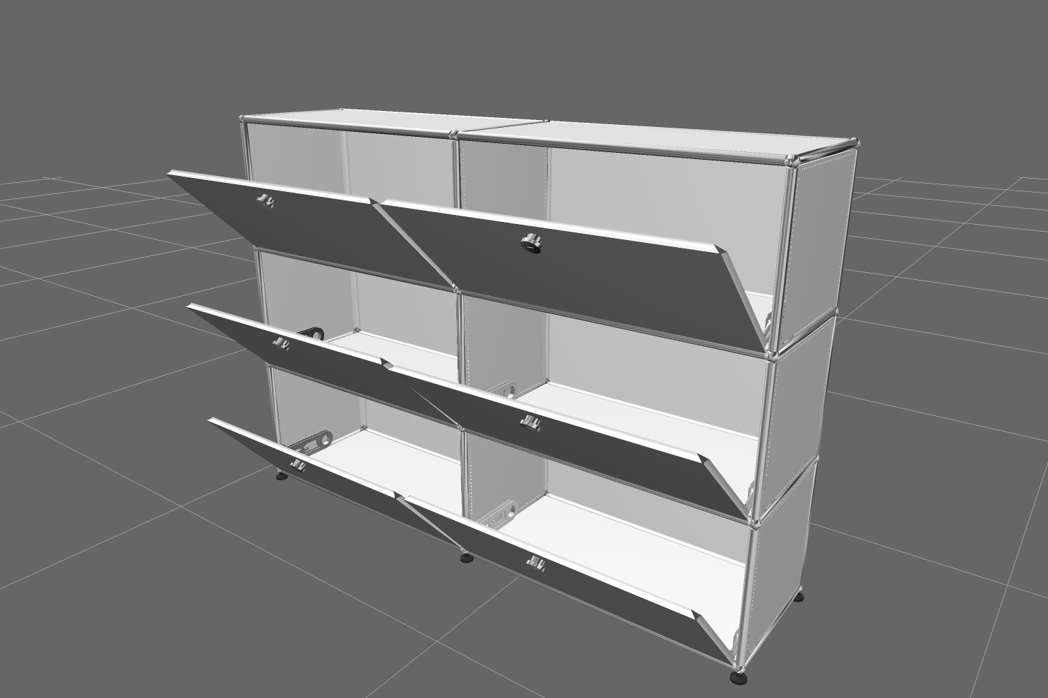 USM Haller Highboard in Reinweiß mit sechs Klappen, teilweise geöffnet, modernes modulares Designmöbel.