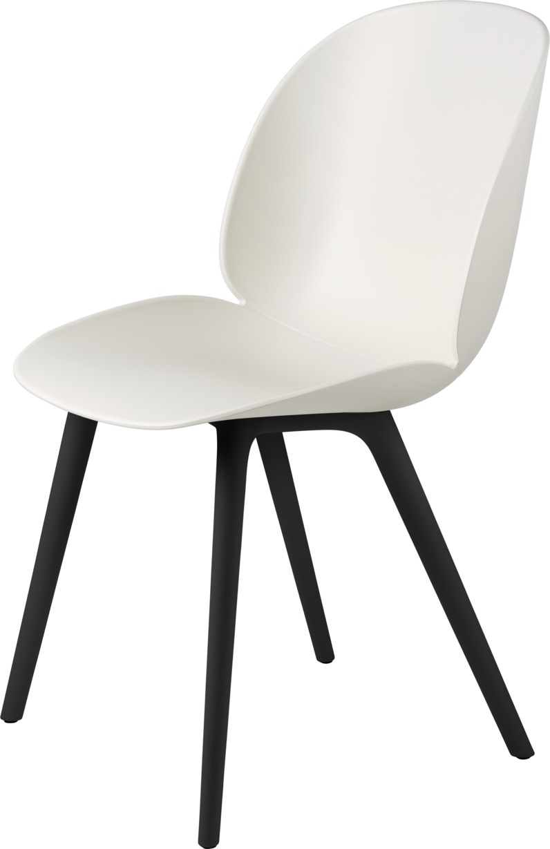 Gubi Beetle Chair, ungepolsterter Esszimmerstuhl in Alabaster White mit schwarzem Gestell.