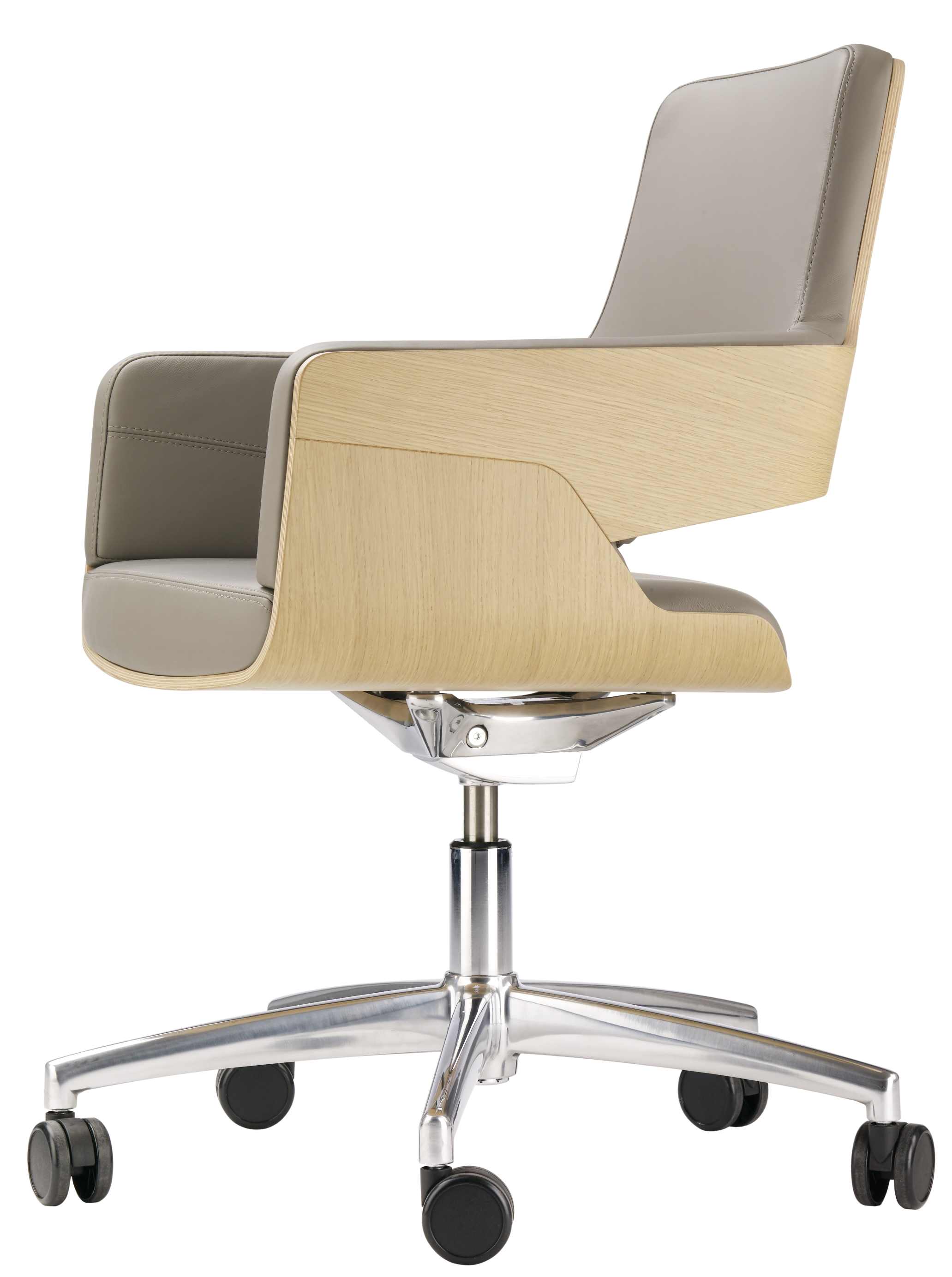 S 845 Thonet Drehsessel mit Holzrahmen, grauem Leder und Chromfußkreuz. Bürostuhl für modernes Büro.