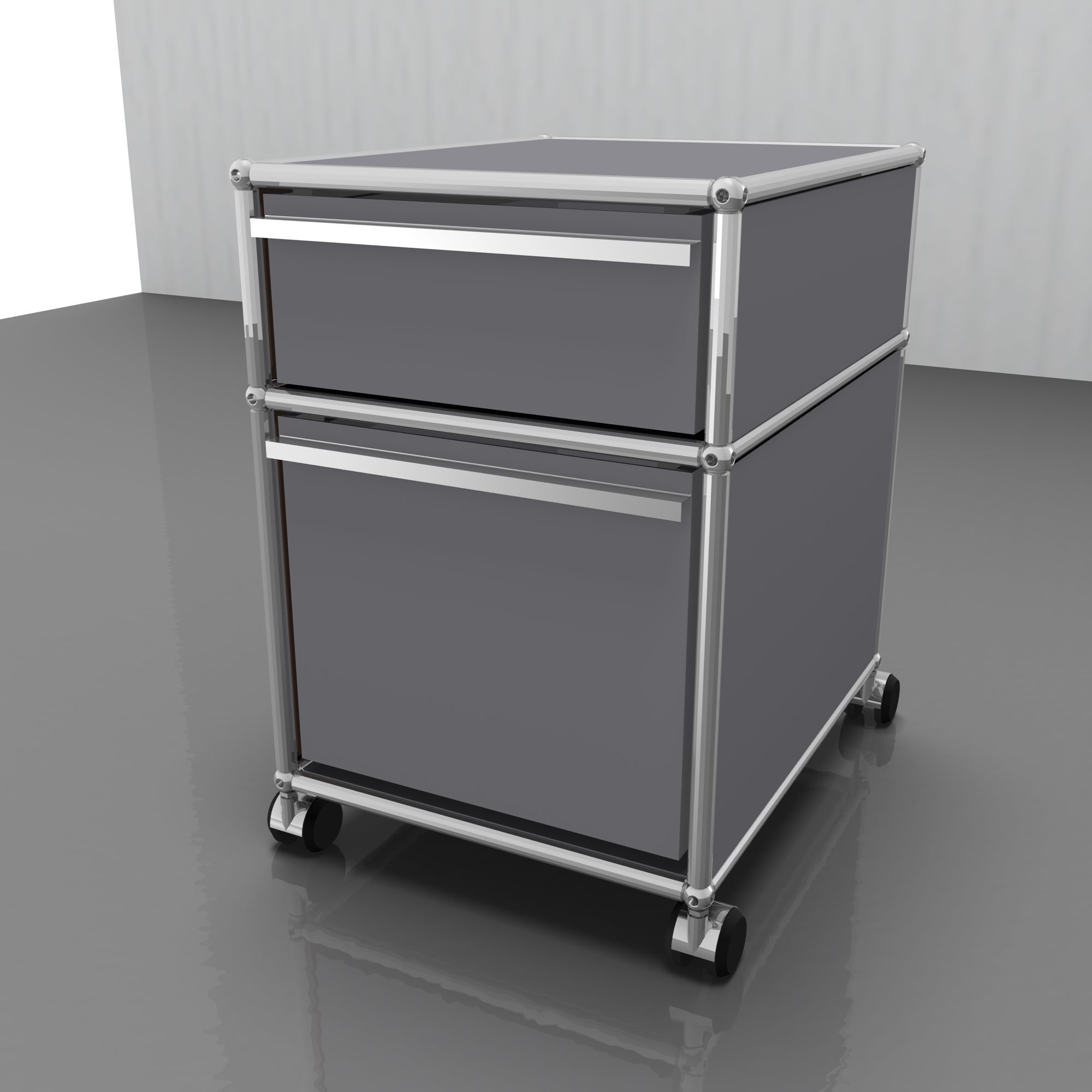 USM Rollcontainer mit zwei Schubladen, optional mit weißer Lederauflage für mehr Komfort.