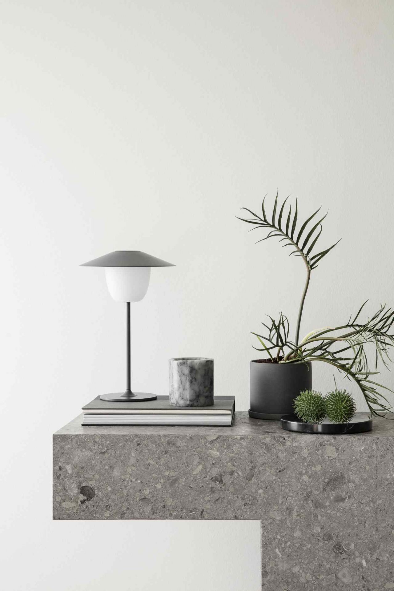 Ani Mobile LED Tischleuchte von Blomus in Warmgrau auf Büchern, neben Pflanze. Moderne Tischlampe.