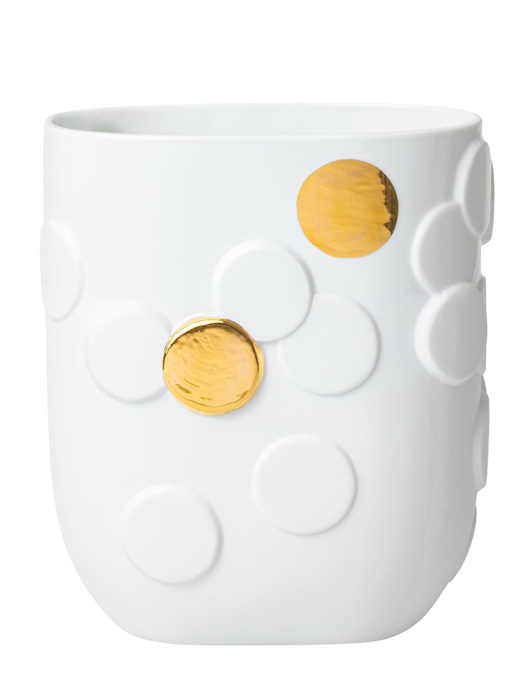 Weiße Vase mit erhabenen Kreisen und goldenen Akzenten. Moderne Deko für Blumen und Pflanzen.