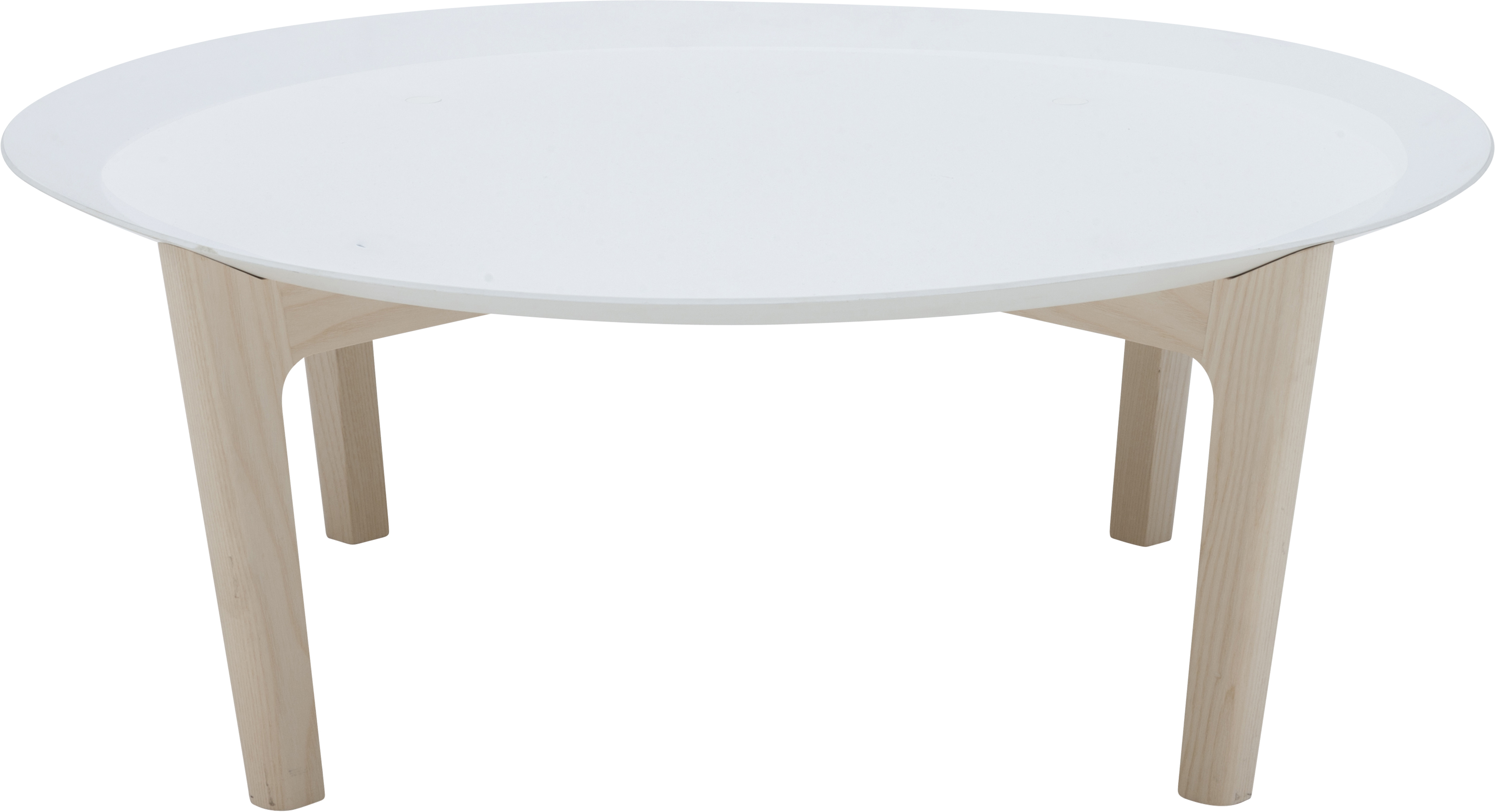 Tray Beistelltisch Softline mit runder, weißer Tischplatte und hellem Holzgestell, modernes Möbeldesign.
