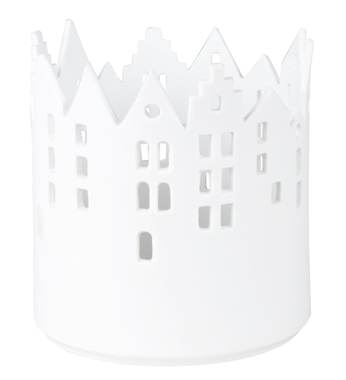 Weißes Stadtlicht Teelichthalter mit Häuser-Silhouette, Räder Design für stimmungsvolle Beleuchtung.