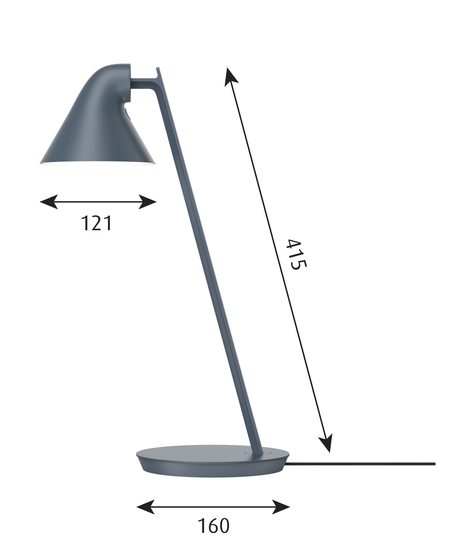 Graue NJP Mini Tischleuchte von Louis Poulsen mit Maßen für Schirm, Höhe und Fuß.