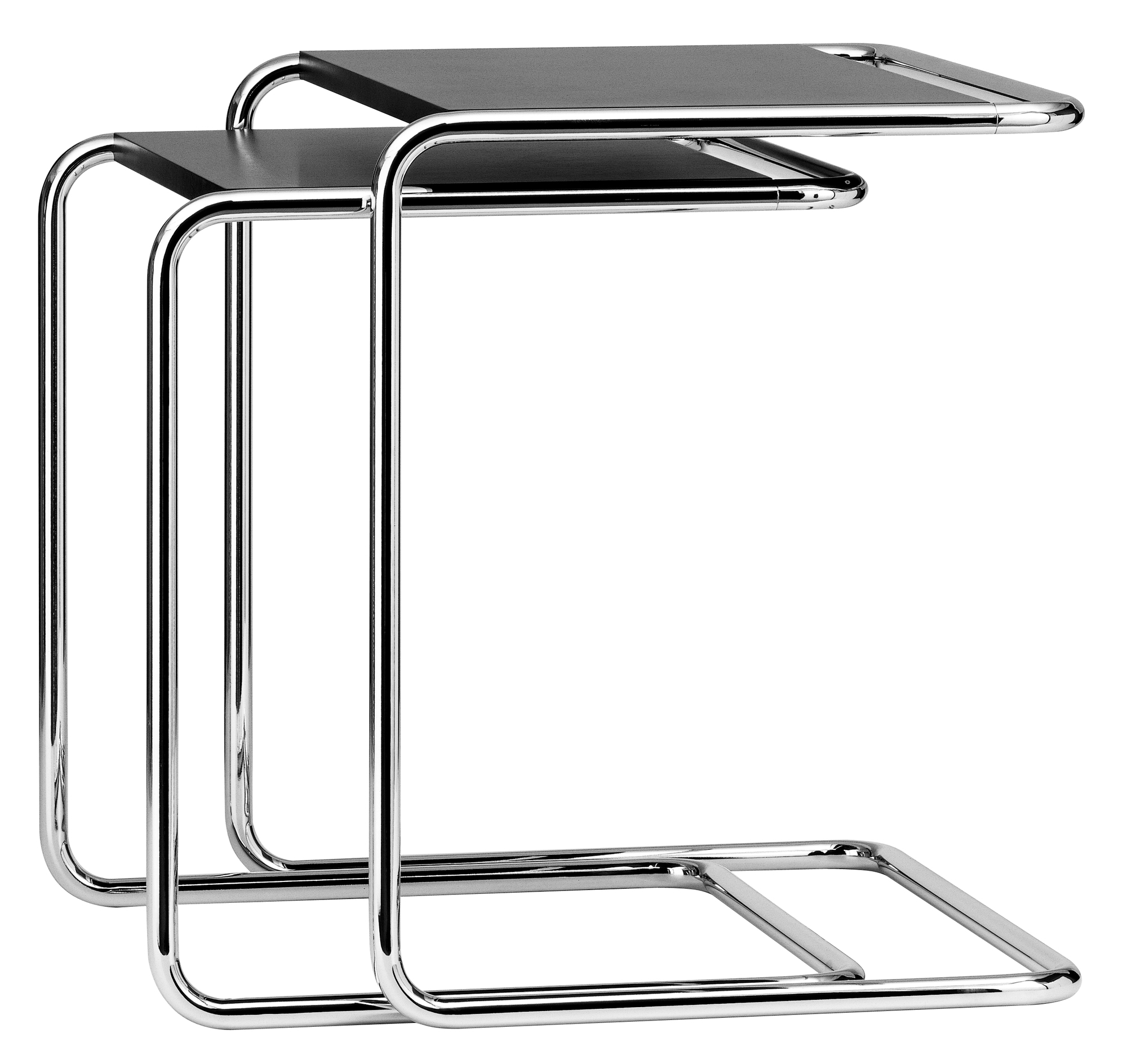 B97 Thonet Beistelltisch Set mit Stahlrohrgestell und schwarzer Tischplatte, modernes Design.