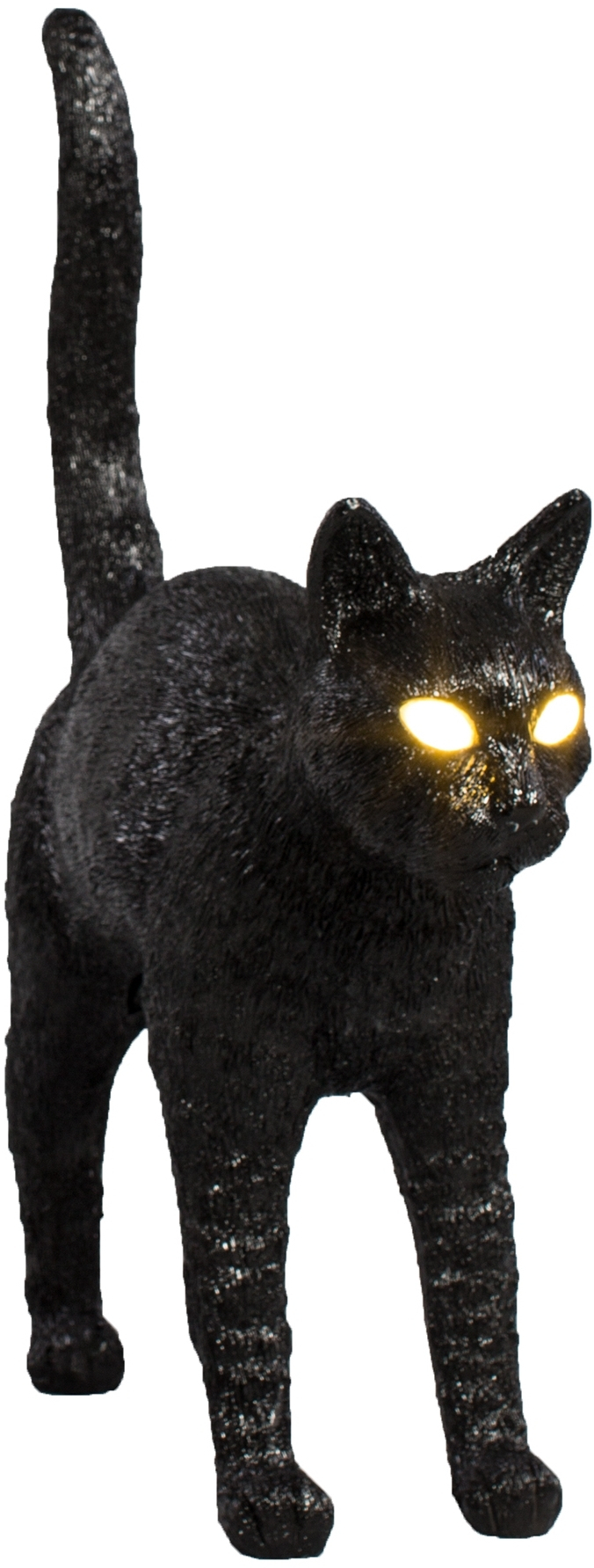 Schwarze Jobby Cat Lampe von Seletti, eine dekorative Tischleuchte in Katzenform mit leuchtenden Augen.