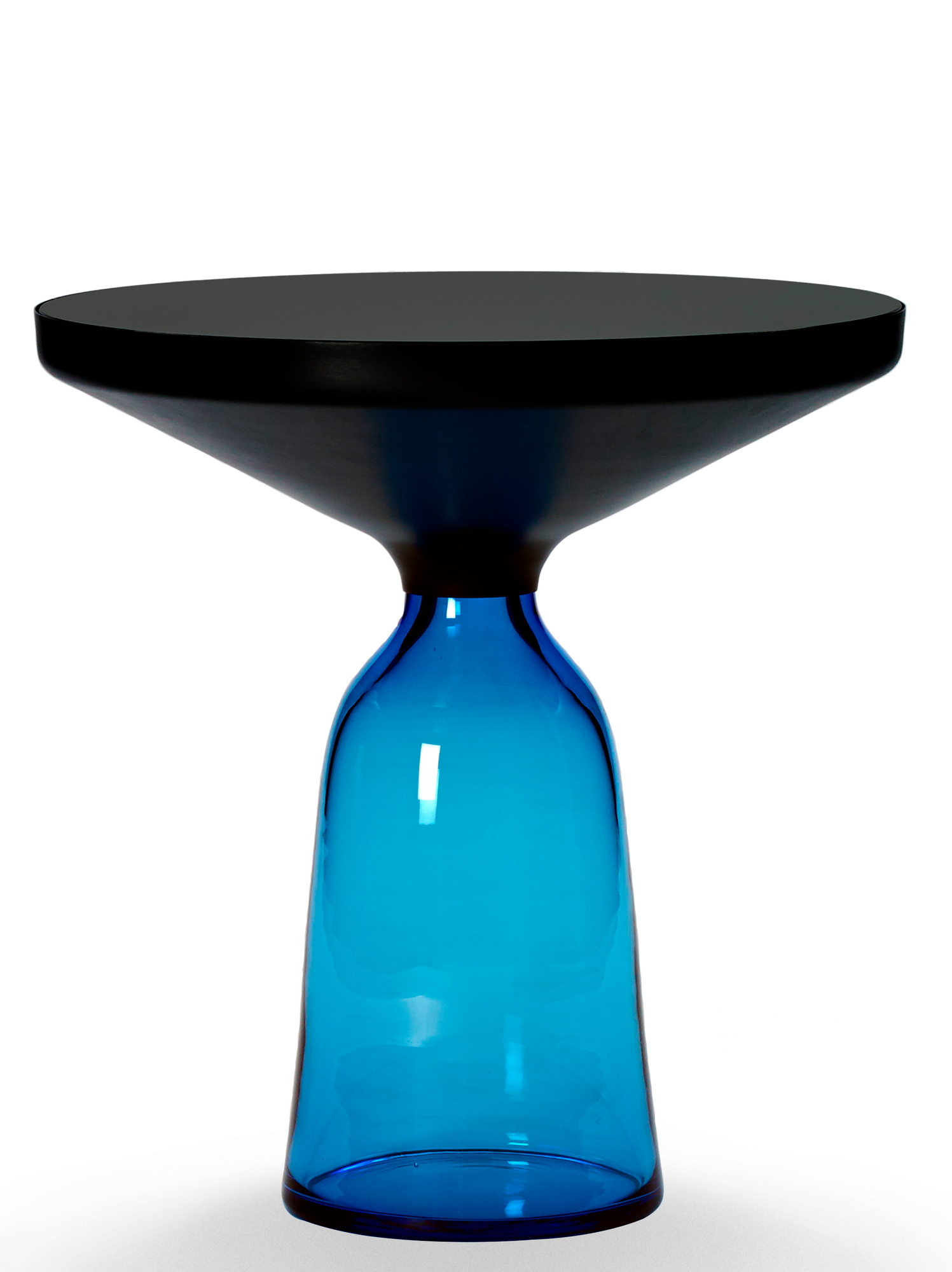 Bell Side Table Beistelltisch mit saphir-blauem Glasfuß und schwarzer Tischplatte aus Stahl von ClassiCon.