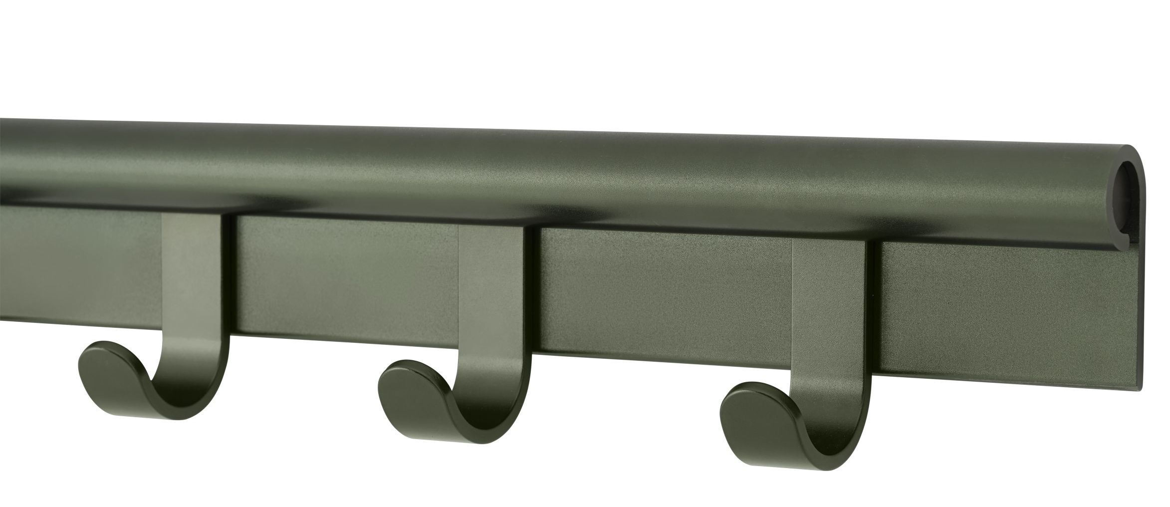 Nahaufnahme der Muuto Coil Coat Rack Wandgarderobe in Olivgrün mit drei Haken.
