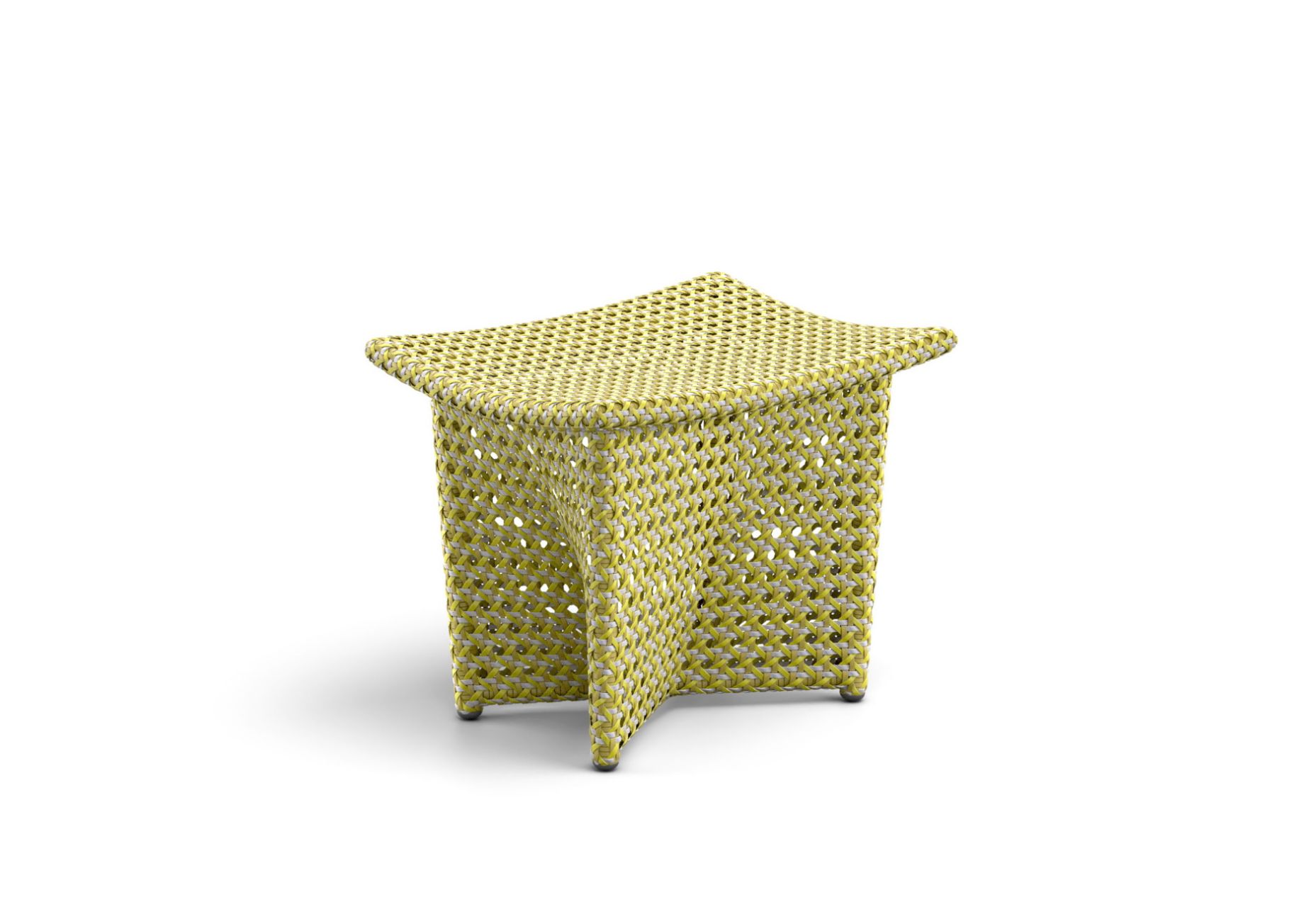Gelber Dedon Beistelltisch Daydream aus geflochtenem Kunststoff für Garten und Terrasse.