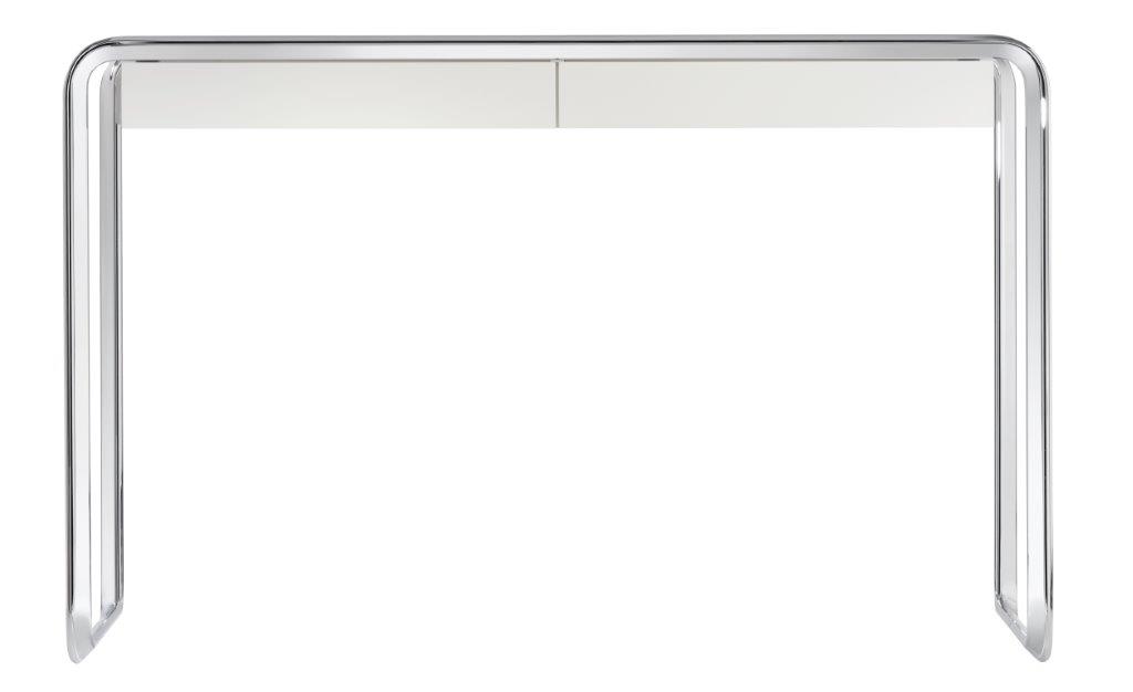 K2D Oblique Schreibtisch von Tecta mit verchromtem Stahlrohrgestell und weißer Tischplatte. Moderner Design Schreibtisch.