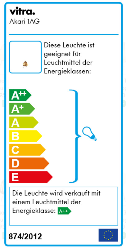 Energieeffizienzlabel der Akari 1AG Tischleuchte von Vitra mit Energieklassen A++ bis E.