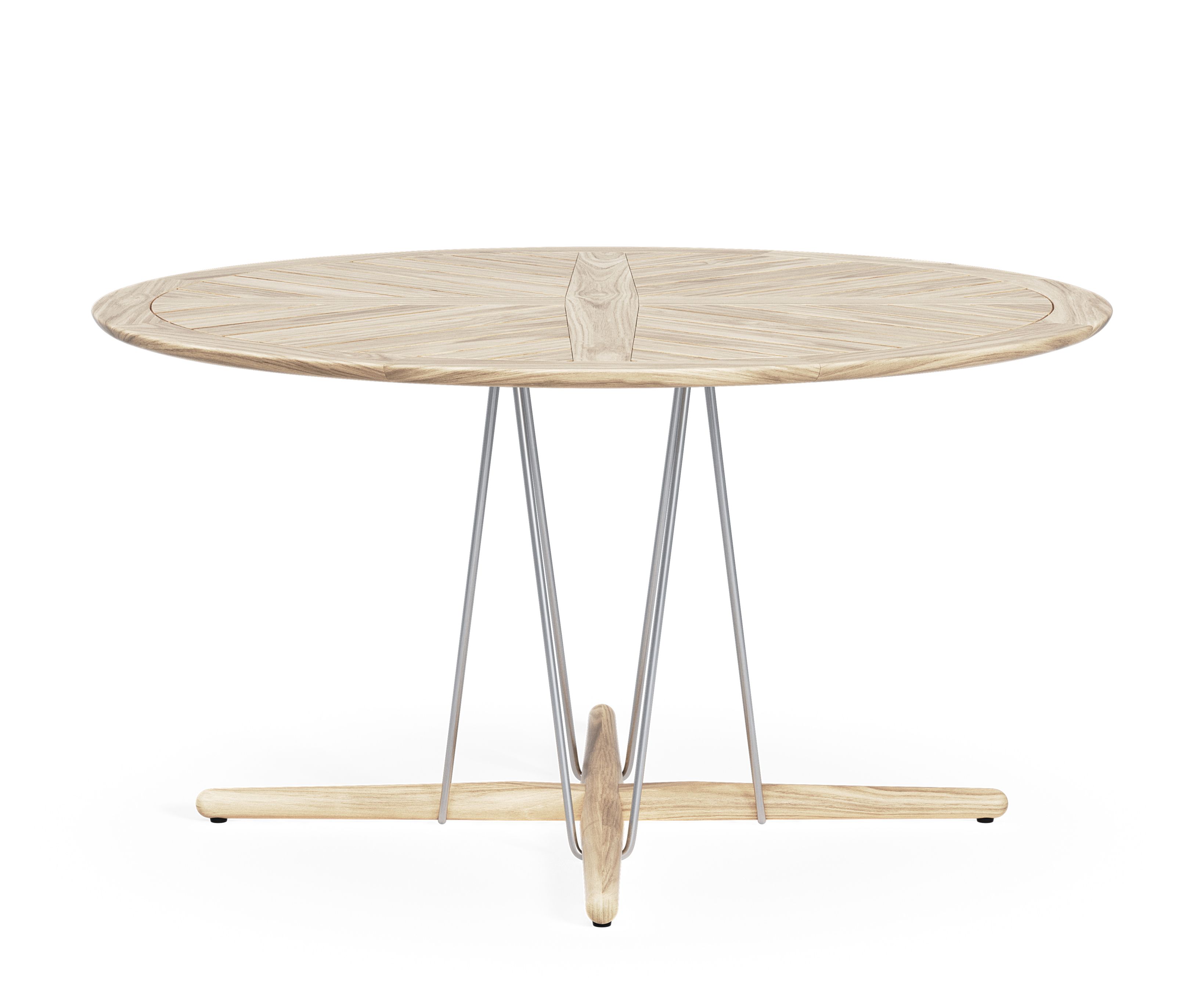 E022 Embrace Outdoor Tisch von Carl Hansen & Søn: Runder Esstisch aus Holz mit Metallbeinen.