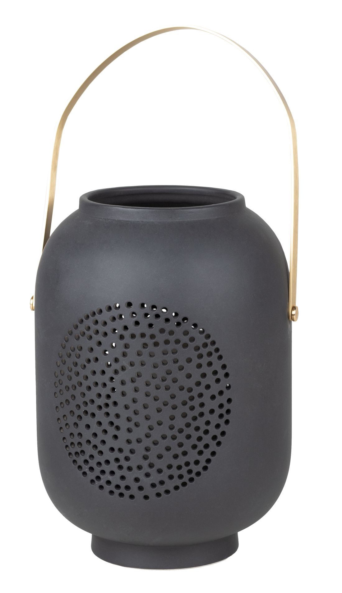 Zuhausesein Laterne Mond Räder: Schwarze Deko Laterne mit goldenem Henkel und kreisförmigem Lochmuster für stimmungsvolle Beleuchtung.