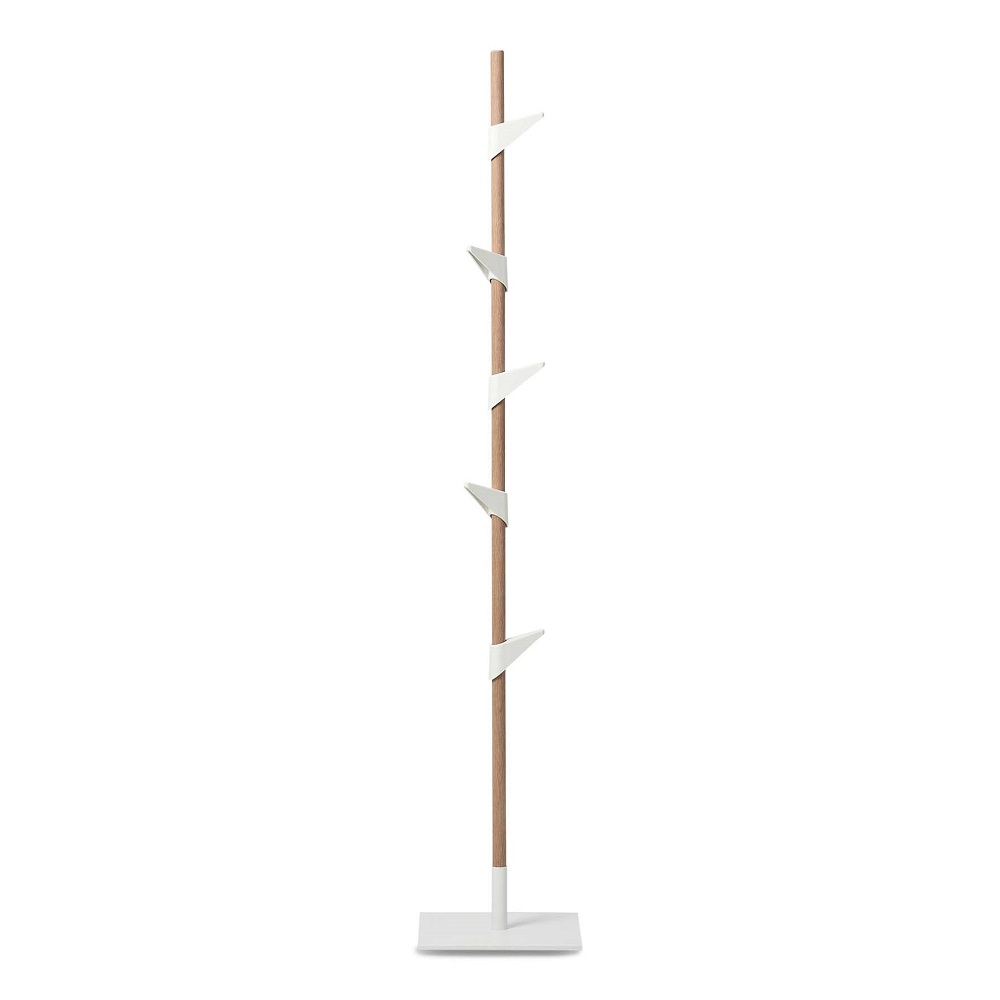 Cascando Standgarderobe aus Bambus mit weißen Haken und quadratischem Fuß für Flur und Büro.