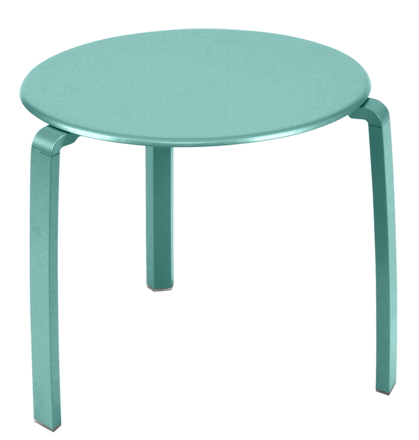 Türkisgrüner Alizé Outdoor Tisch von Fermob: Runder, niedriger Beistelltisch für Garten, Balkon und Terrasse.