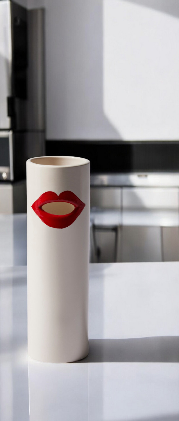 Weiße Cassina Vase "Bocca" mit roten Lippen, modernes Design-Objekt für Wohnaccessoires und Dekoration.
