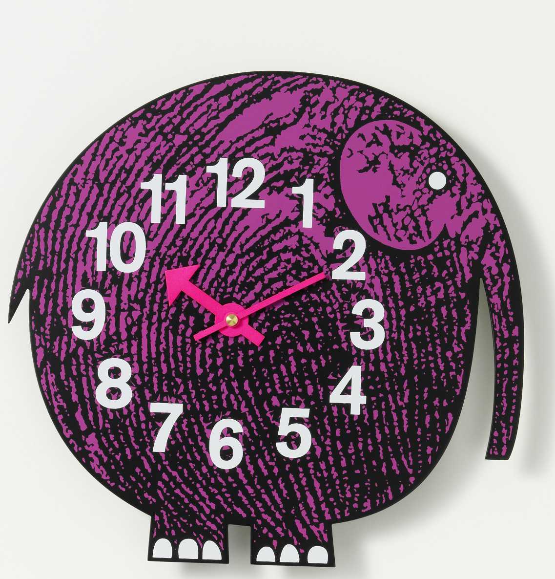 Lila Elihu Elefant Wanduhr von Vitra: Tierische Kinderuhr mit pinken Zeigern.