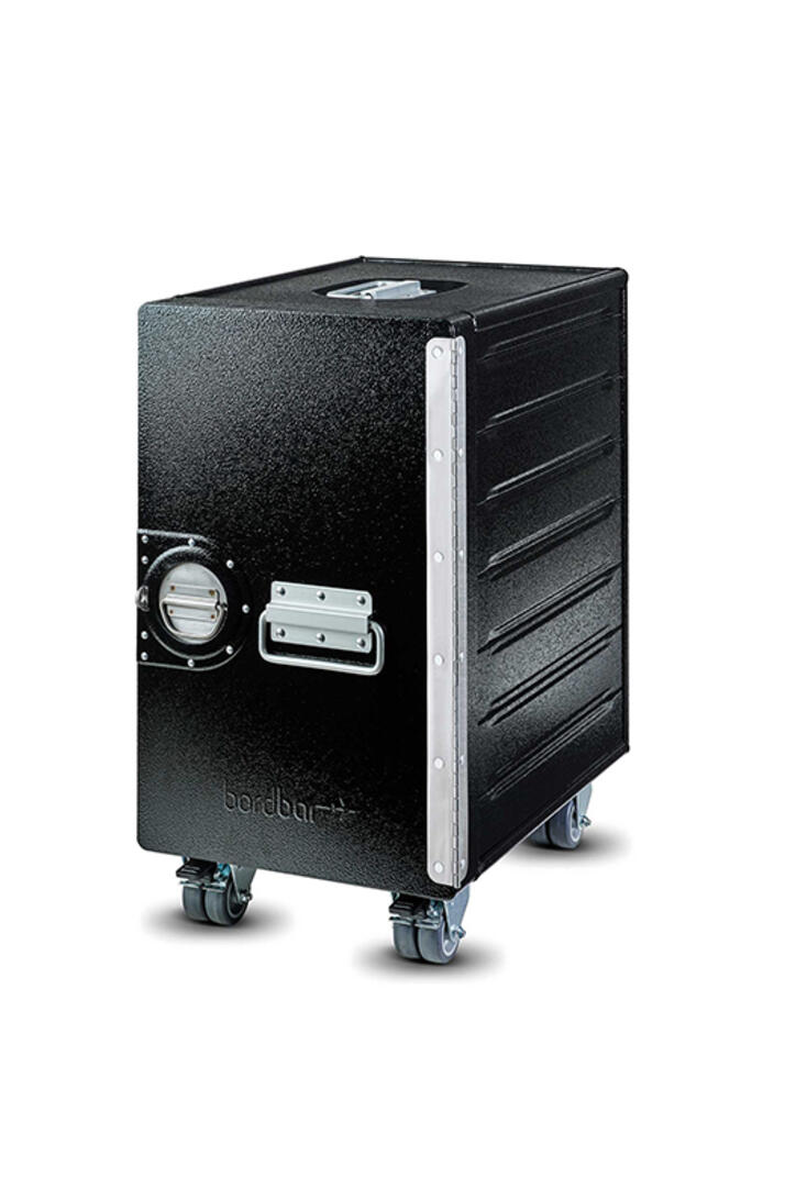 Schwarzer Box Rollwagen Bordbar mit Griff, Rollen und silbernen Akzenten, ideal als mobile Bar.