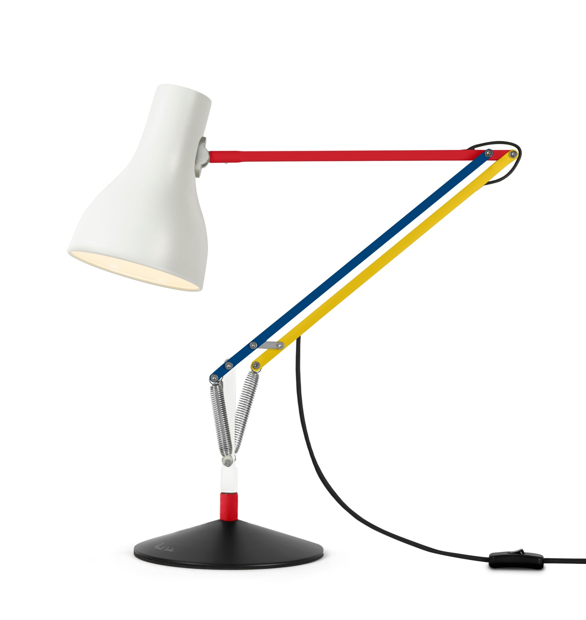 Anglepoise Type 75 Paul Smith Edition 3 Tischleuchte mit weißem Lampenschirm und farbigem Arm.