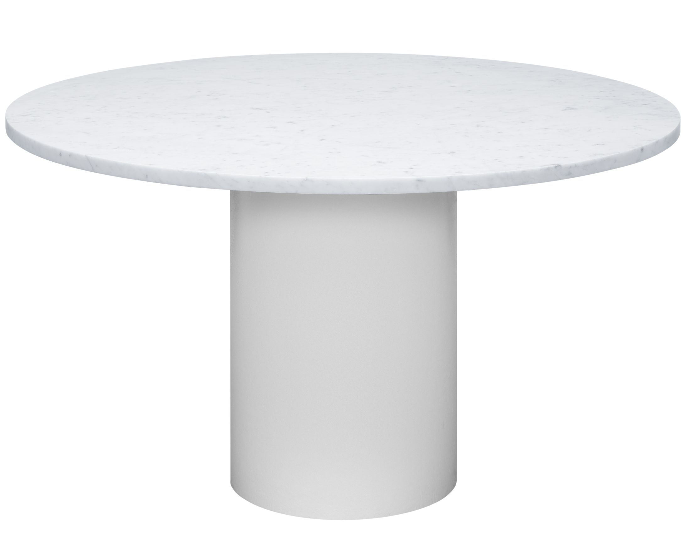 Runder Esstisch Hiroki mit weißer Marmorplatte und zylindrischem Fuß, modernes Design.
