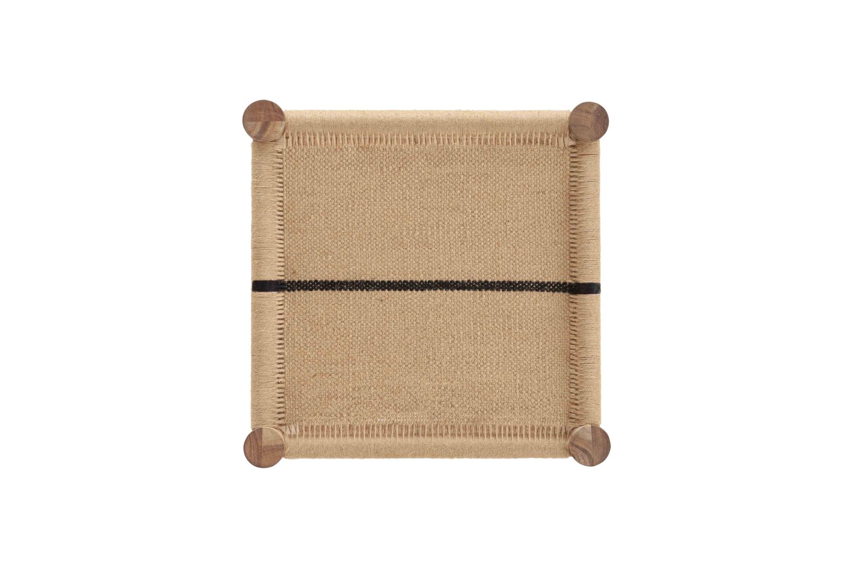 Roots Single Stool Hocker mit Jute-Sitzfläche und Holzfüßen, Ansicht von oben.