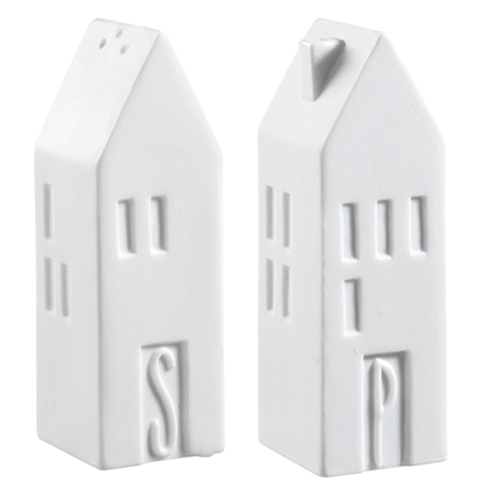 S&P Salz- und Pfefferstreuer in Hausform, weißes Keramik Design, Räder EINZELSTÜCK.