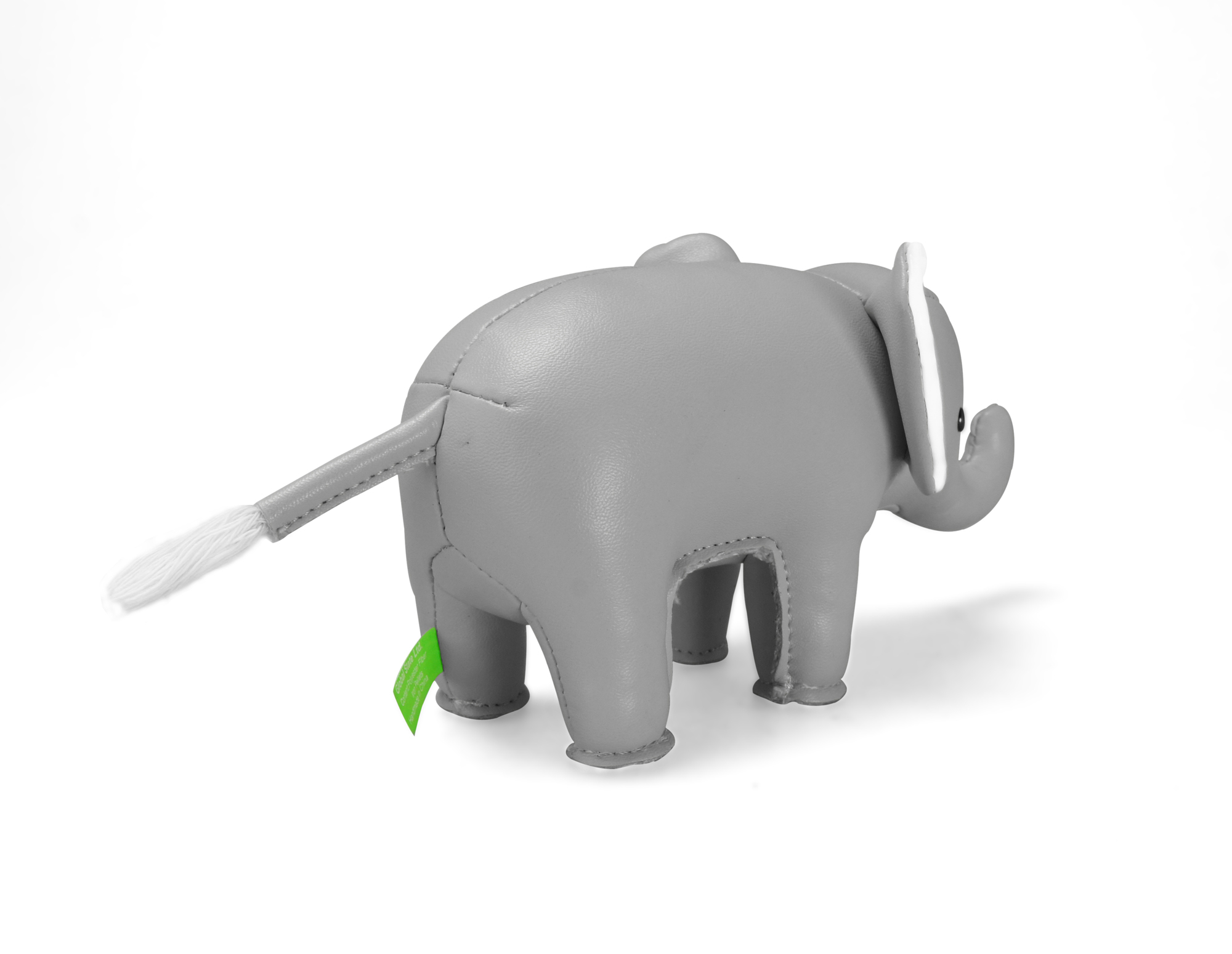 Grauer Züny Elefant Briefbeschwerer aus Kunstleder, Detailaufnahme von hinten. Dekorative Tierfigur als Schreibtischaccessoire.