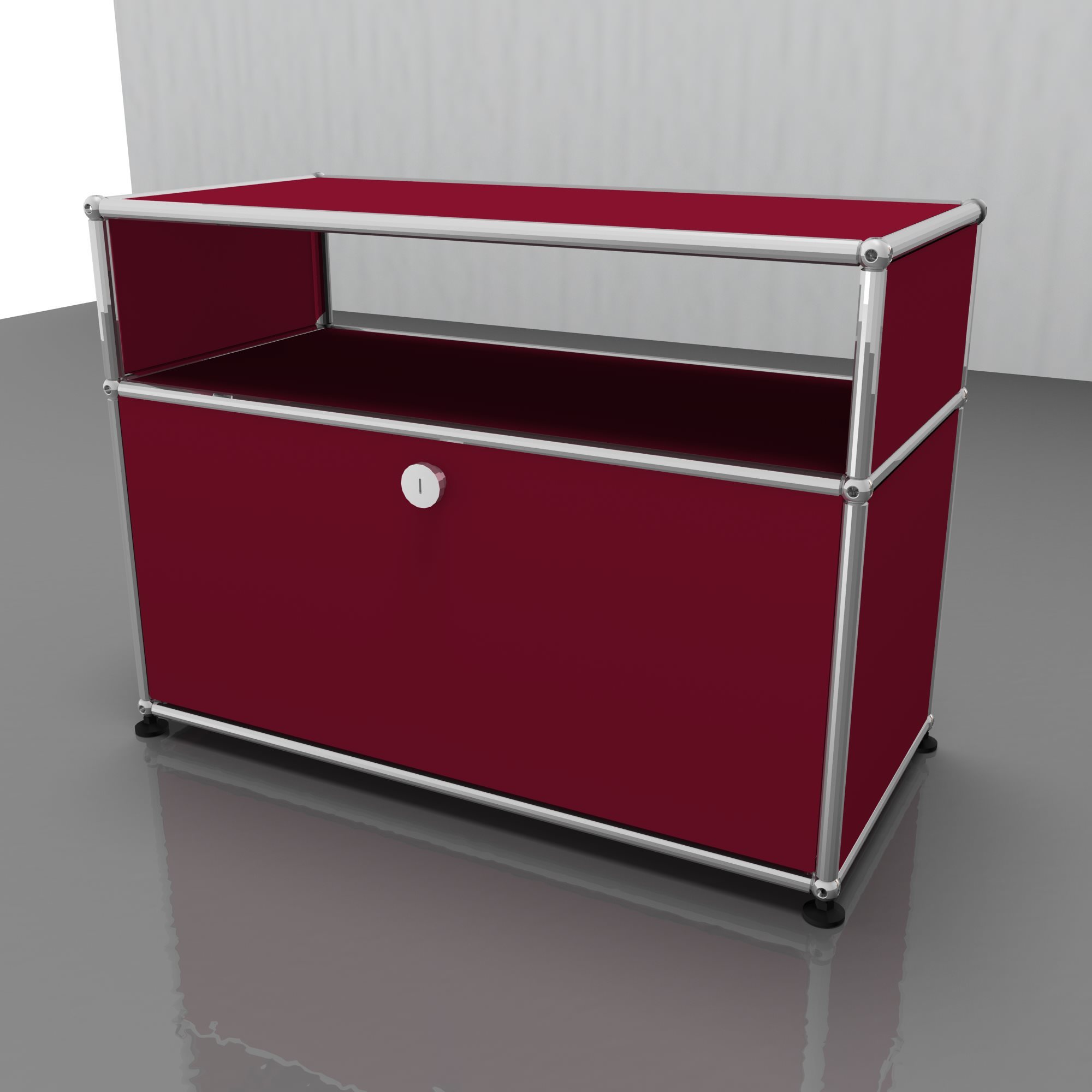 USM Haller Beistelltisch in Rubinrot mit einer Schublade, modernes Designmöbel für Wohnzimmer und Büro.